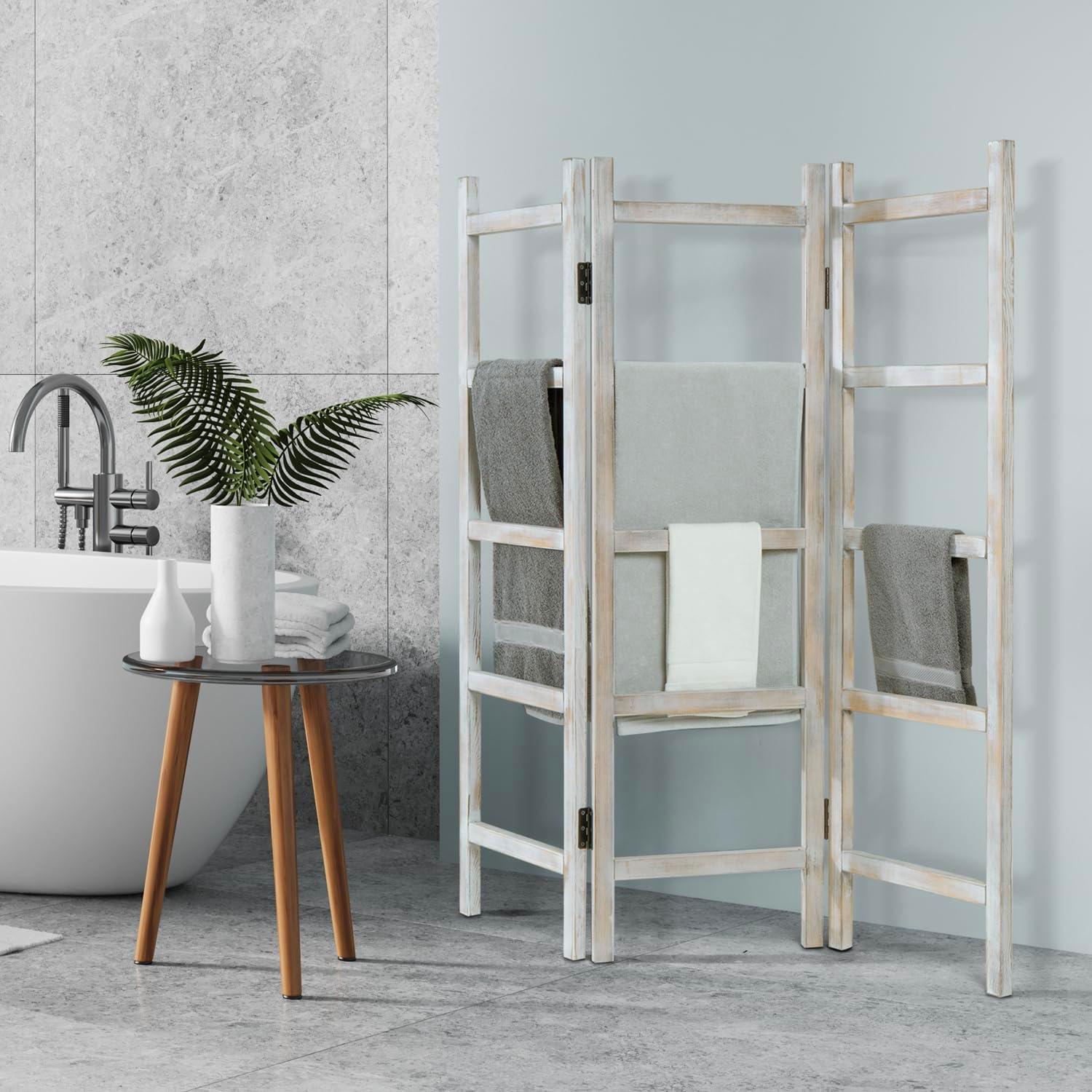 imageMyGift Burnt Wood Blanket Ladder 59quot H Freestanding and Folding 6 Tier and 3 Panel Towel Rack for Bathroom Decorative Display Ladder Shelf Quit Rack for Living Room BrownWhitewashed