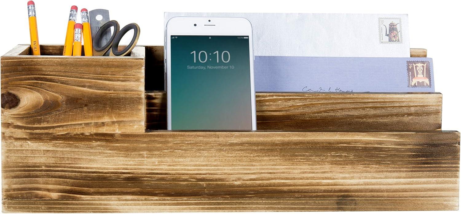 imageMyGift Burnt Wood Desktop Mail Holder Organizer with Pencil Cup Holder 3 Compartment Desk Accessories Storage Tray