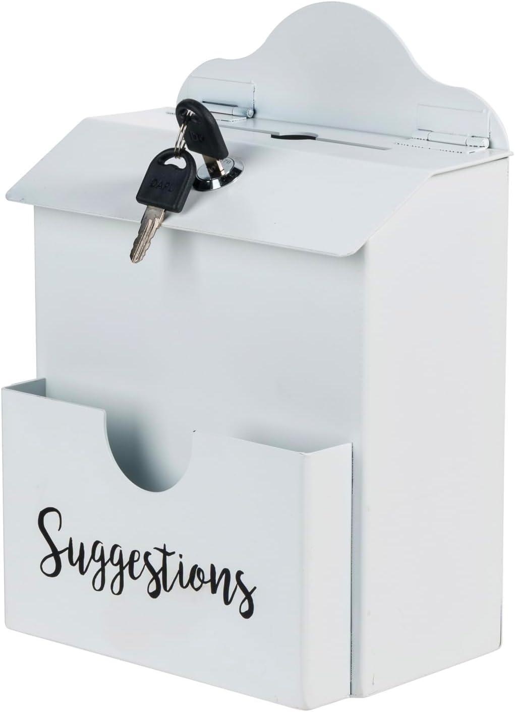 imageMyGift Classic Matte Black Metal Suggestion Box with Cursive Suggestions Lettering Wall Mounted or Tabletop Comment Box with Lock Keys Paper Sheet and Pen Holder SlotsWhite