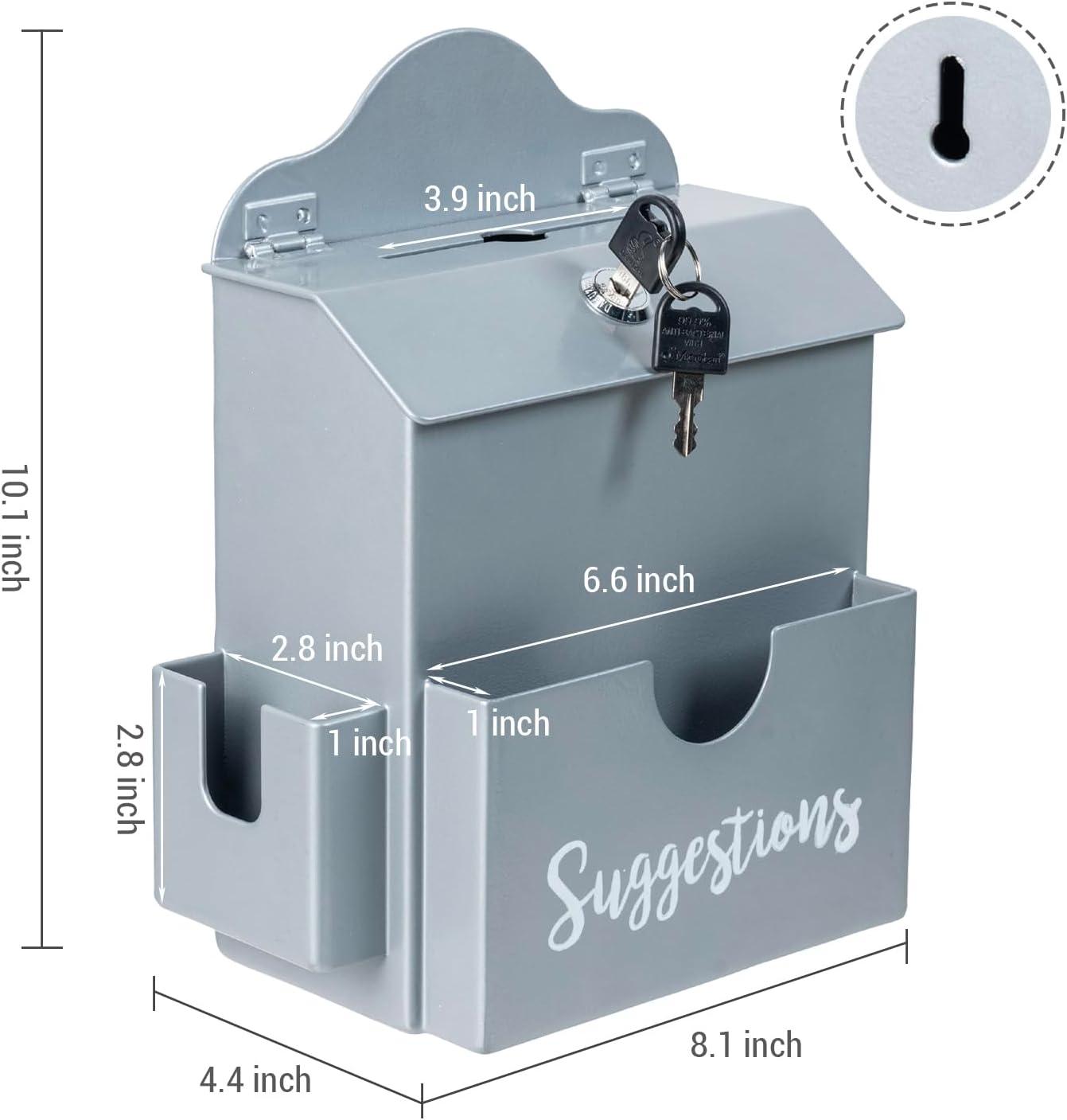 imageMyGift Classic Matte Black Metal Suggestion Box with Cursive Suggestions Lettering Wall Mounted or Tabletop Comment Box with Lock Keys Paper Sheet and Pen Holder SlotsGray