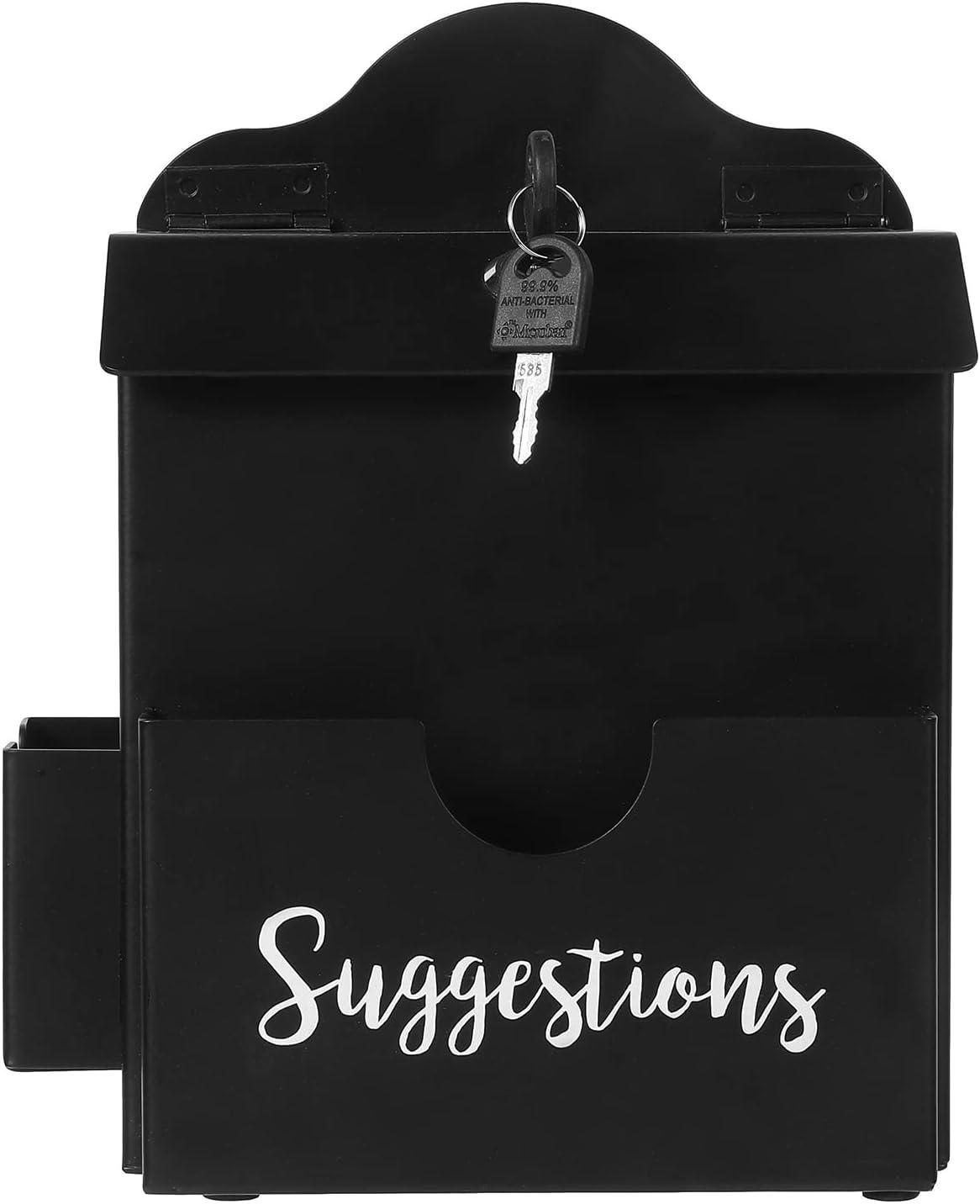 imageMyGift Classic Matte Black Metal Suggestion Box with Cursive Suggestions Lettering Wall Mounted or Tabletop Comment Box with Lock Keys Paper Sheet and Pen Holder SlotsBlack
