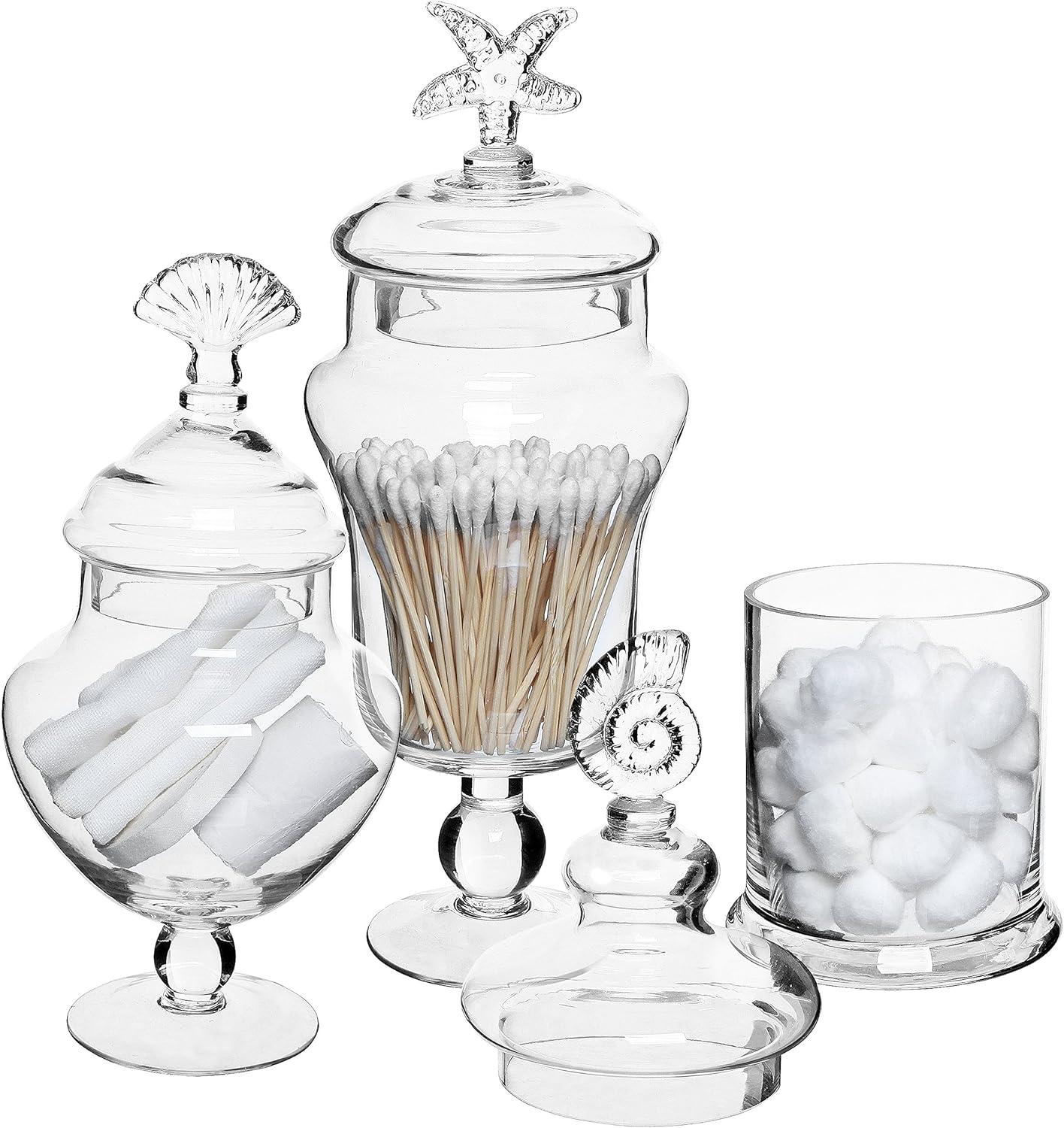 imageMyGift Clear Glass Apothecary Jars with Lid Decorative Seashell Design Bathroom Canister Footed Candy Buffet Containers Set of 3