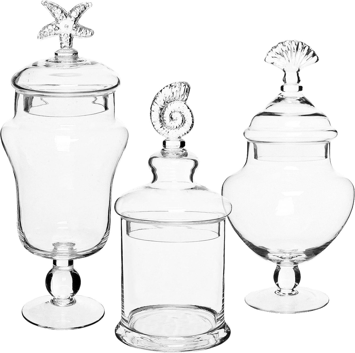 imageMyGift Clear Glass Apothecary Jars with Lid Decorative Seashell Design Bathroom Canister Footed Candy Buffet Containers Set of 3