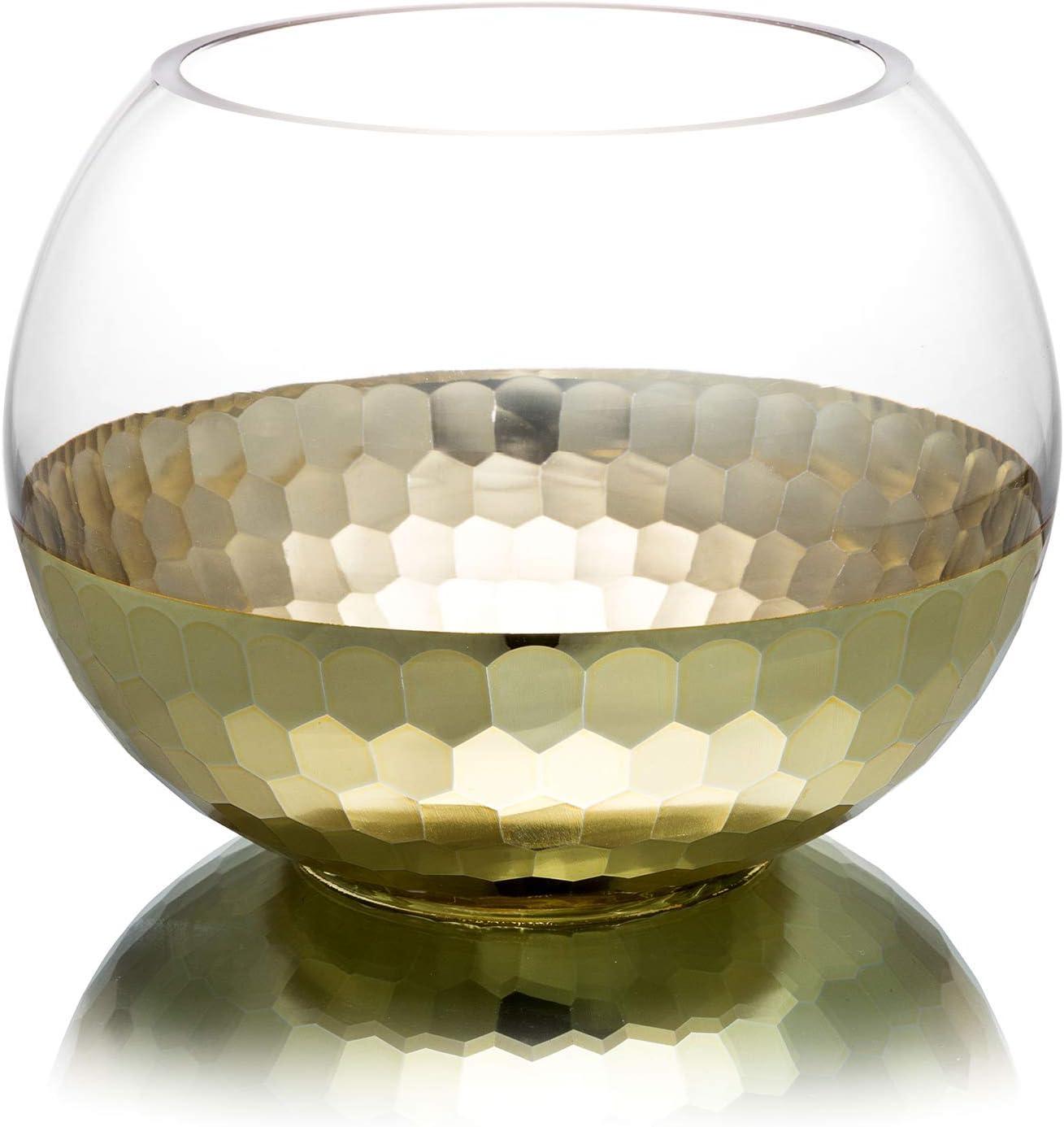 imageMyGift Clear Round Glass Tabletop Vase Decor Flower Floral Bouquet Bowl Centerpieces with GoldTone Metal Hammered Base Accent