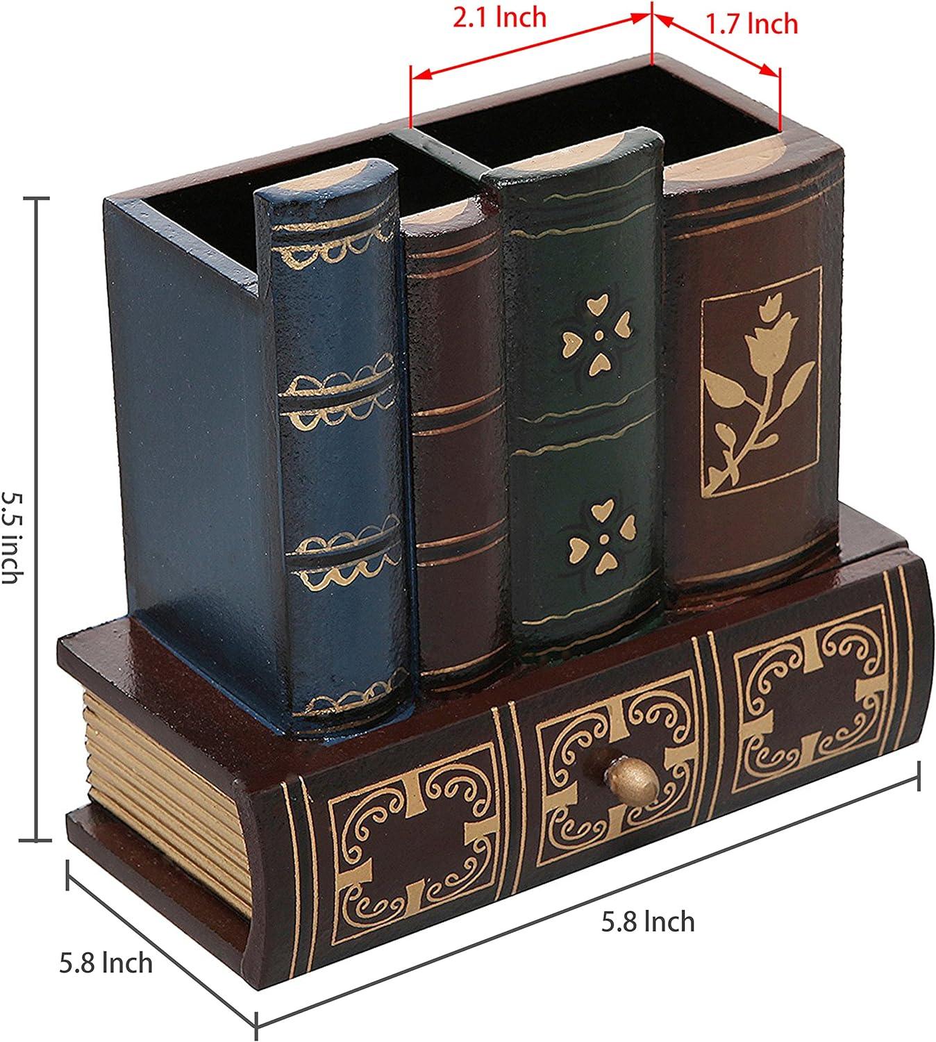 imageMyGift Decorative Desk Organizer Caddy Pencil and Pen Holder with Bottom Storage Drawer and Antique Library Books Design