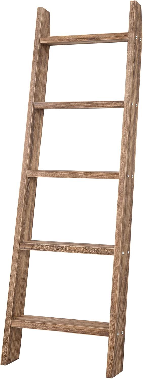 imageMyGift Decorative Ladder Shelf 45 Foot Wall Leaning Wooden Towel Blanket Ladder Storage Rack for Bathroom or Living Room Torched Brown WoodBurnt Wood
