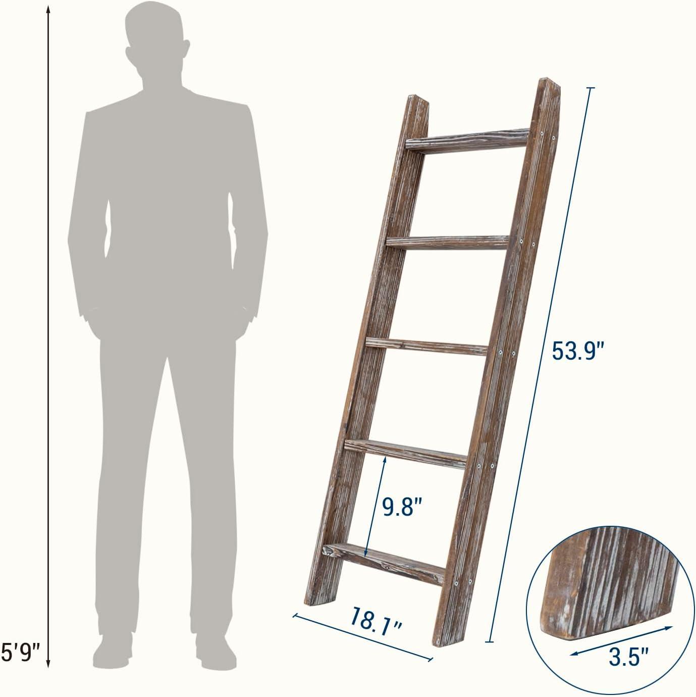 imageMyGift Decorative Ladder Shelf 45 Foot Wall Leaning Wooden Towel Blanket Ladder Storage Rack for Bathroom or Living Room Torched Brown WoodTorched Wood