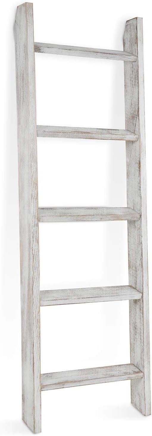imageMyGift Decorative Ladder Shelf 45 Foot Wall Leaning Wooden Towel Blanket Ladder Storage Rack for Bathroom or Living Room Torched Brown WoodWhitewashed