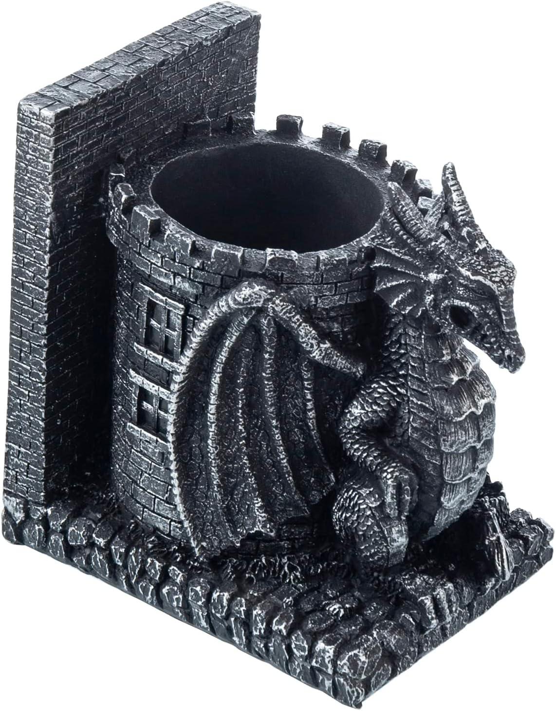 imageMyGift Dragon Guard Castle Resin Decorative Bookends for Heavy Books with Pencil Holders Fantasy Themed Book Holder for Home and OfficeBlack