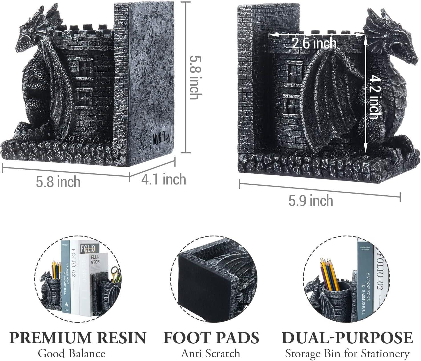 imageMyGift Dragon Guard Castle Resin Decorative Bookends for Heavy Books with Pencil Holders Fantasy Themed Book Holder for Home and OfficeBlack