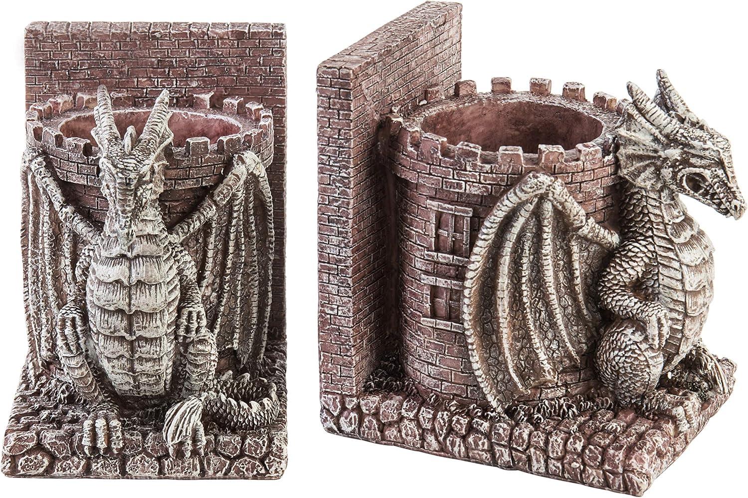 imageMyGift Dragon Guard Castle Resin Decorative Bookends for Heavy Books with Pencil Holders Fantasy Themed Book Holder for Home and OfficeStone Color