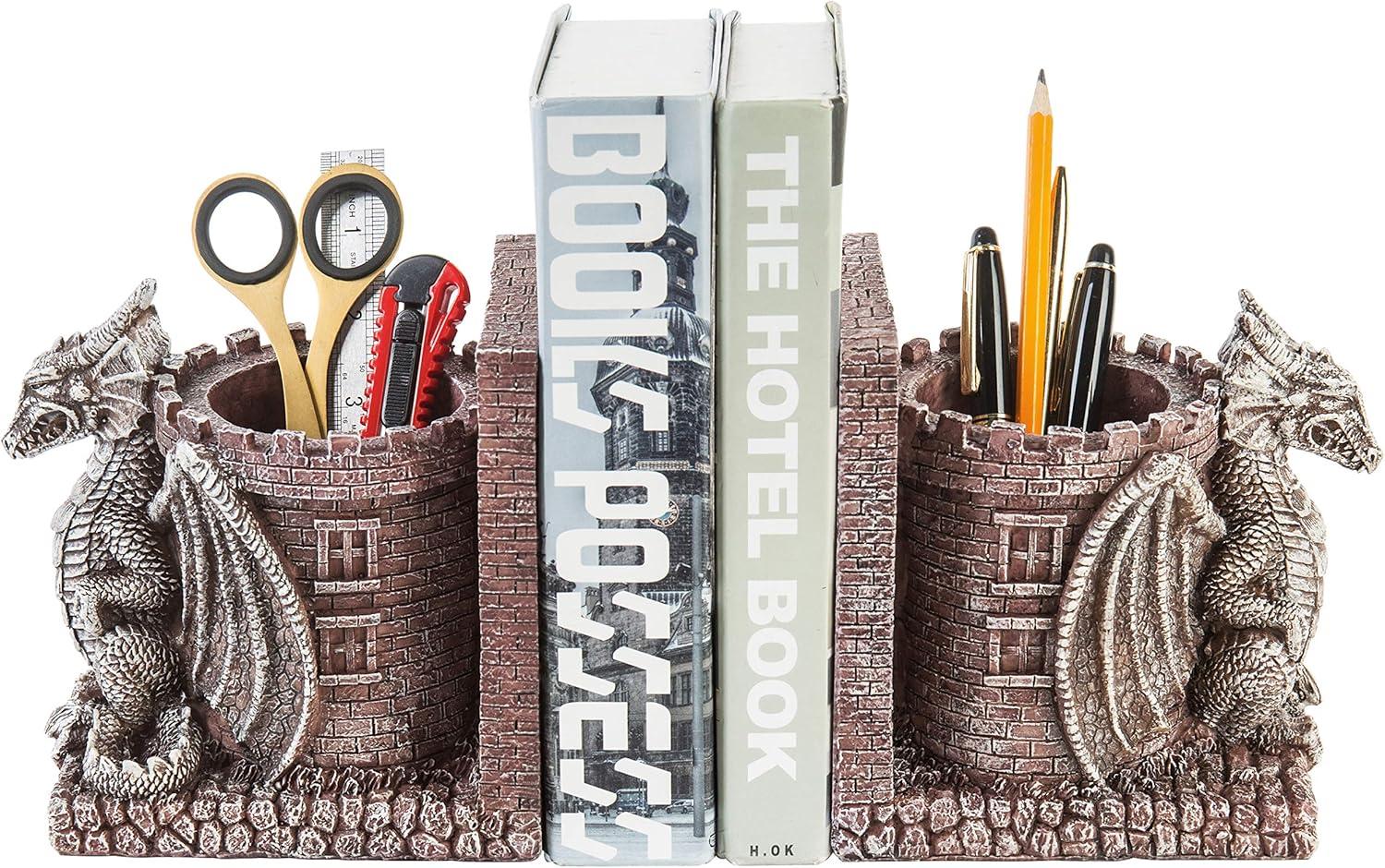 imageMyGift Dragon Guard Castle Resin Decorative Bookends for Heavy Books with Pencil Holders Fantasy Themed Book Holder for Home and OfficeStone Color