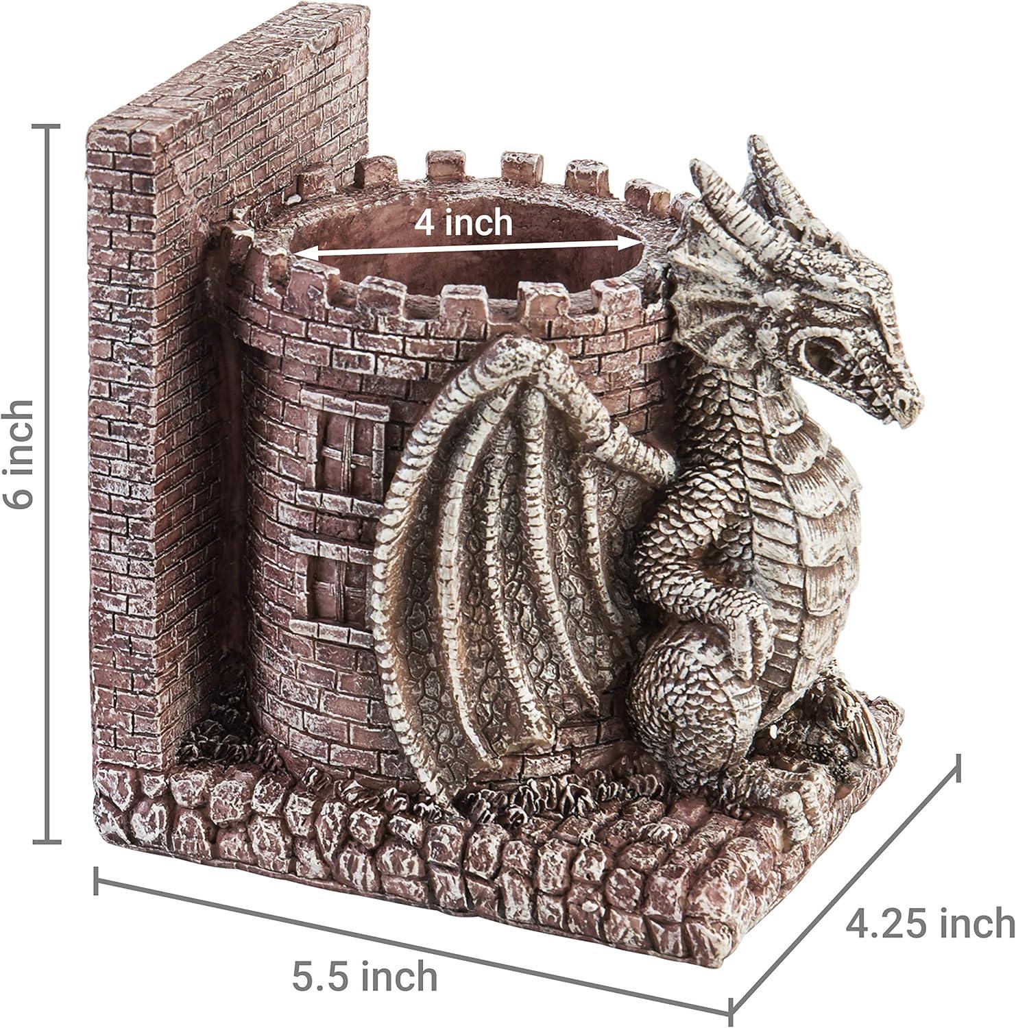 imageMyGift Dragon Guard Castle Resin Decorative Bookends for Heavy Books with Pencil Holders Fantasy Themed Book Holder for Home and OfficeStone Color