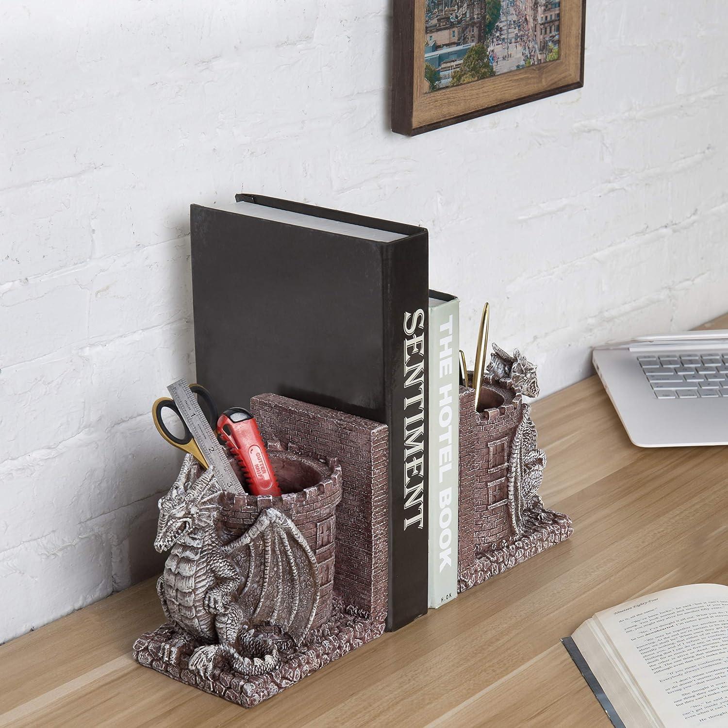 imageMyGift Dragon Guard Castle Resin Decorative Bookends for Heavy Books with Pencil Holders Fantasy Themed Book Holder for Home and OfficeStone Color