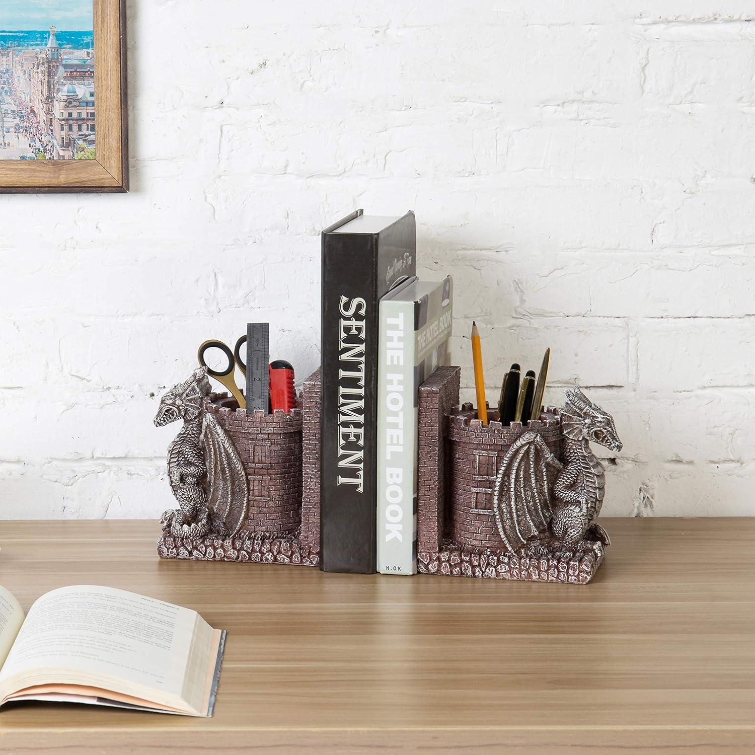 imageMyGift Dragon Guard Castle Resin Decorative Bookends for Heavy Books with Pencil Holders Fantasy Themed Book Holder for Home and OfficeStone Color