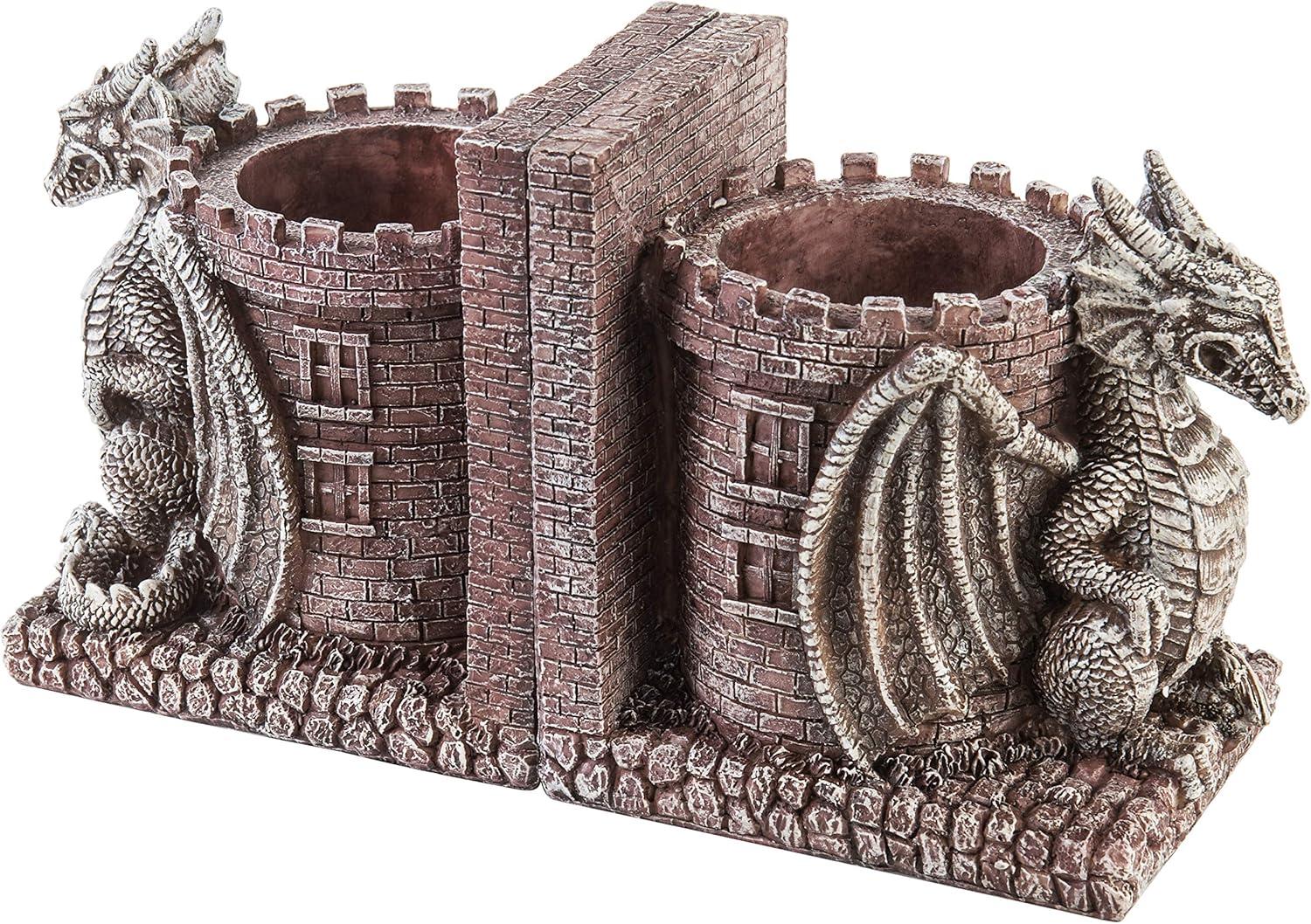 imageMyGift Dragon Guard Castle Resin Decorative Bookends for Heavy Books with Pencil Holders Fantasy Themed Book Holder for Home and OfficeStone Color