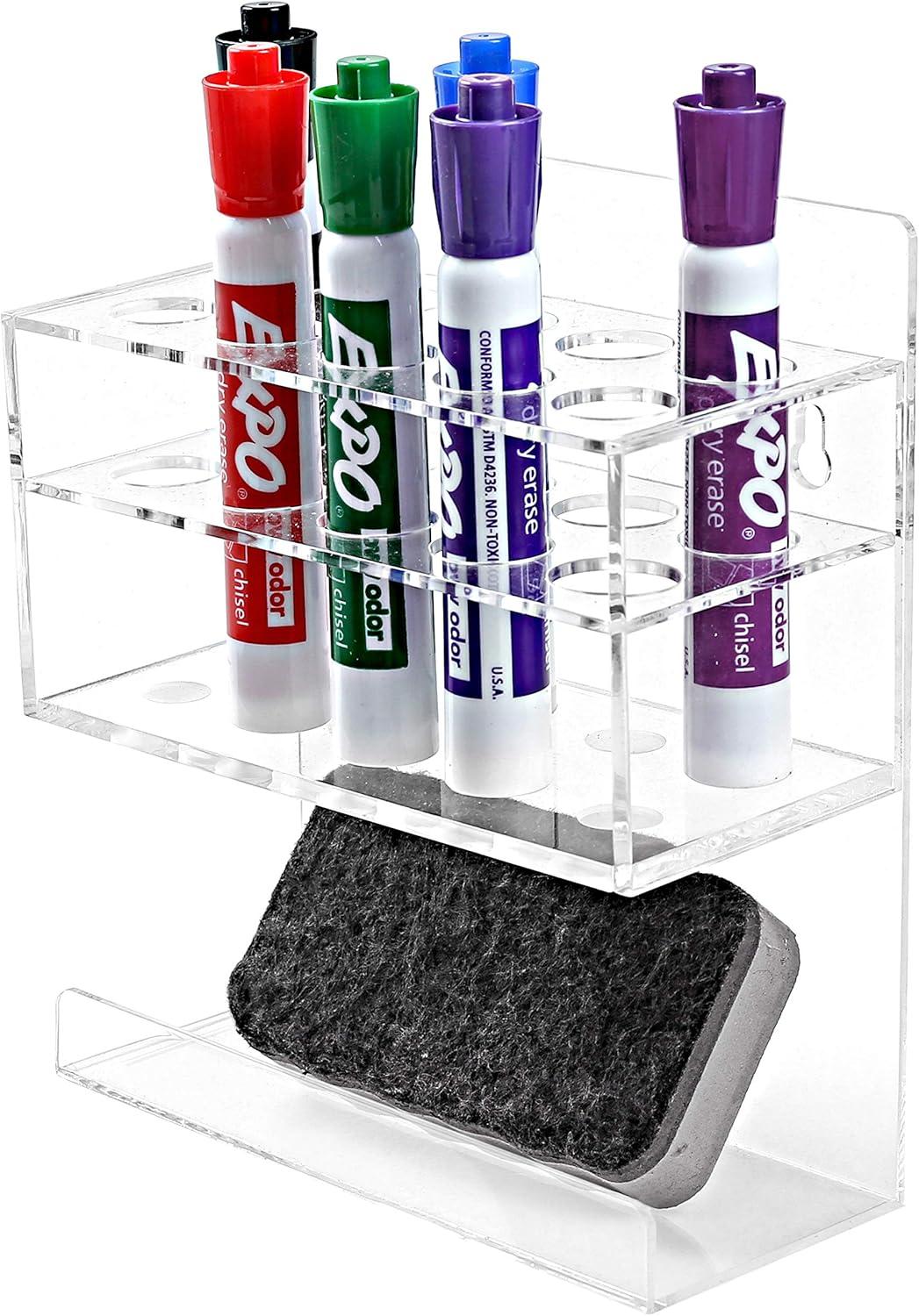 imageMyGift Dry Erase Marker Holder 10 Slots Whiteboard Marker Holder for Wall Dry Erase Eraser Holder Wall Mount BlackClear