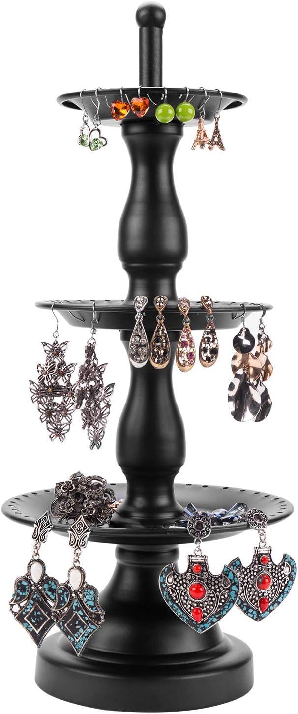 imageMyGift Earring Storage Rack Organizer Matte Black Metal Jewelry Tree Necklace and Bracelet Hanger with Wooden Ring Tray Trinket Holder Holds 68 Pairs of EarringsBlack3Tier