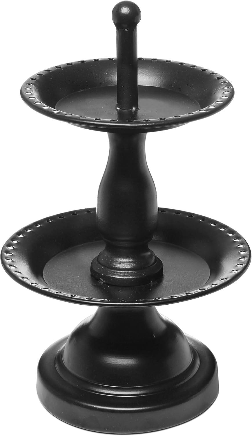 imageMyGift Earring Storage Rack Organizer Matte Black Metal Jewelry Tree Necklace and Bracelet Hanger with Wooden Ring Tray Trinket Holder Holds 68 Pairs of EarringsBlack2Tier