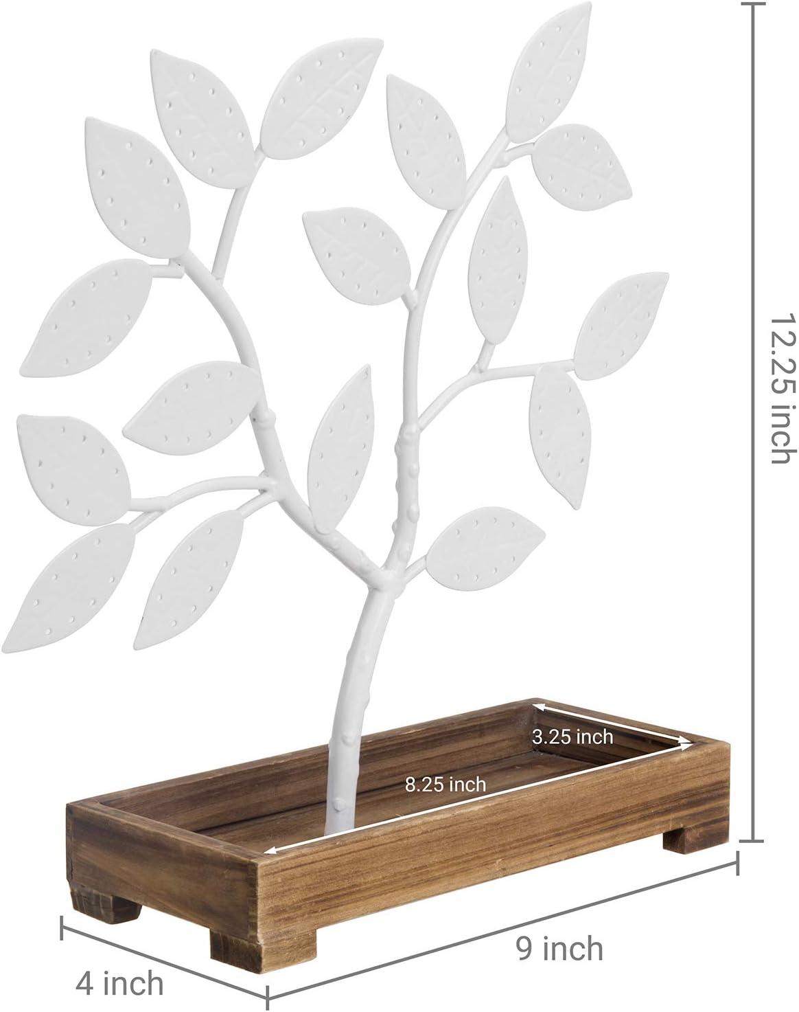 imageMyGift Earring Storage Rack Organizer Matte Black Metal Jewelry Tree Necklace and Bracelet Hanger with Wooden Ring Tray Trinket Holder Holds 68 Pairs of EarringsWhite