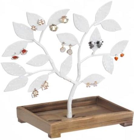 imageMyGift Earring Storage Rack Organizer Matte Black Metal Jewelry Tree Necklace and Bracelet Hanger with Wooden Ring Tray Trinket Holder Holds 68 Pairs of EarringsWhite