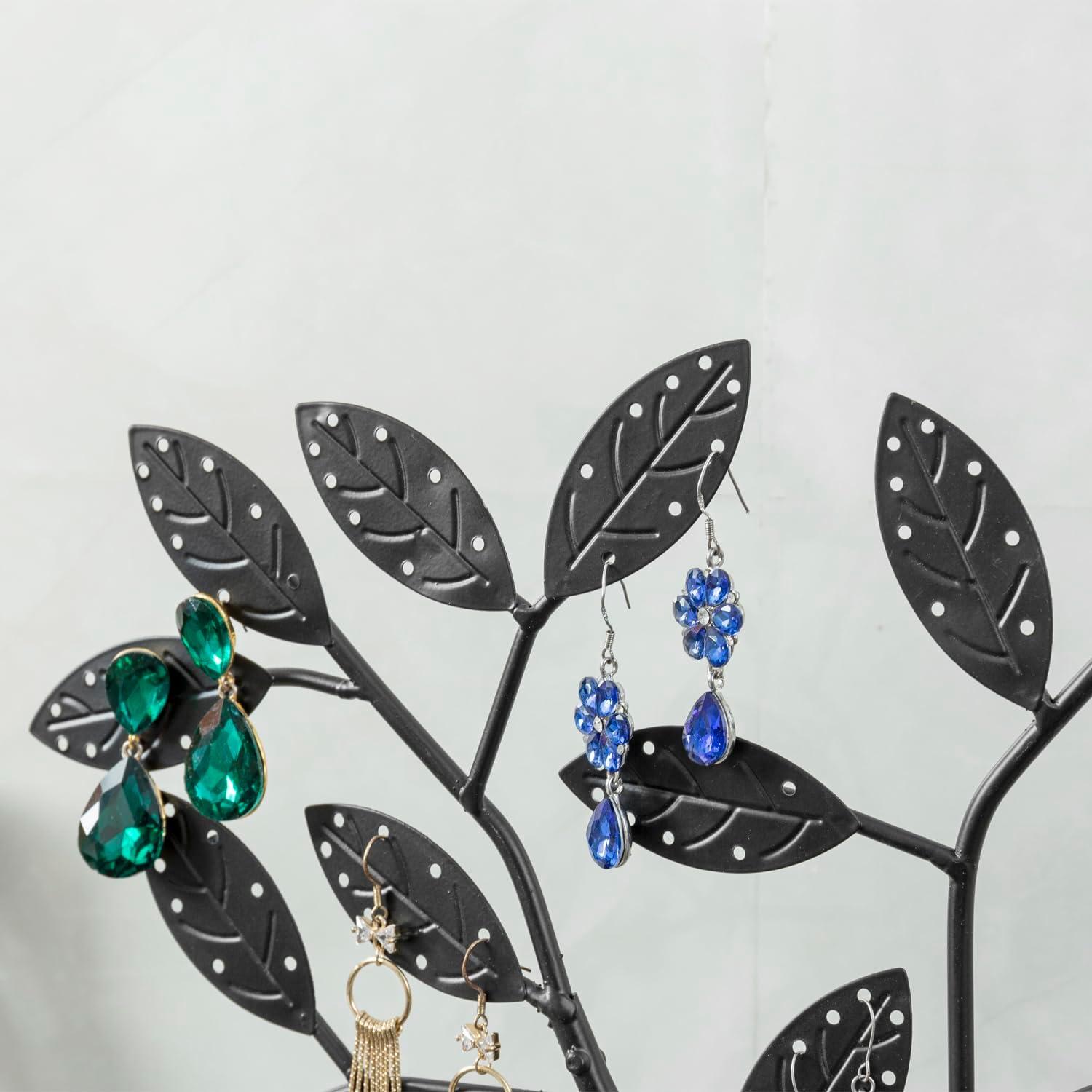 imageMyGift Earring Storage Rack Organizer Matte Black Metal Jewelry Tree Necklace and Bracelet Hanger with Wooden Ring Tray Trinket Holder Holds 68 Pairs of EarringsWhitewashed