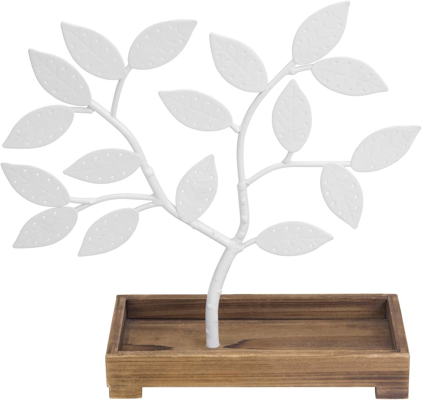 imageMyGift Earring Storage Rack Organizer Matte Black Metal Jewelry Tree Necklace and Bracelet Hanger with Wooden Ring Tray Trinket Holder Holds 68 Pairs of EarringsWhite