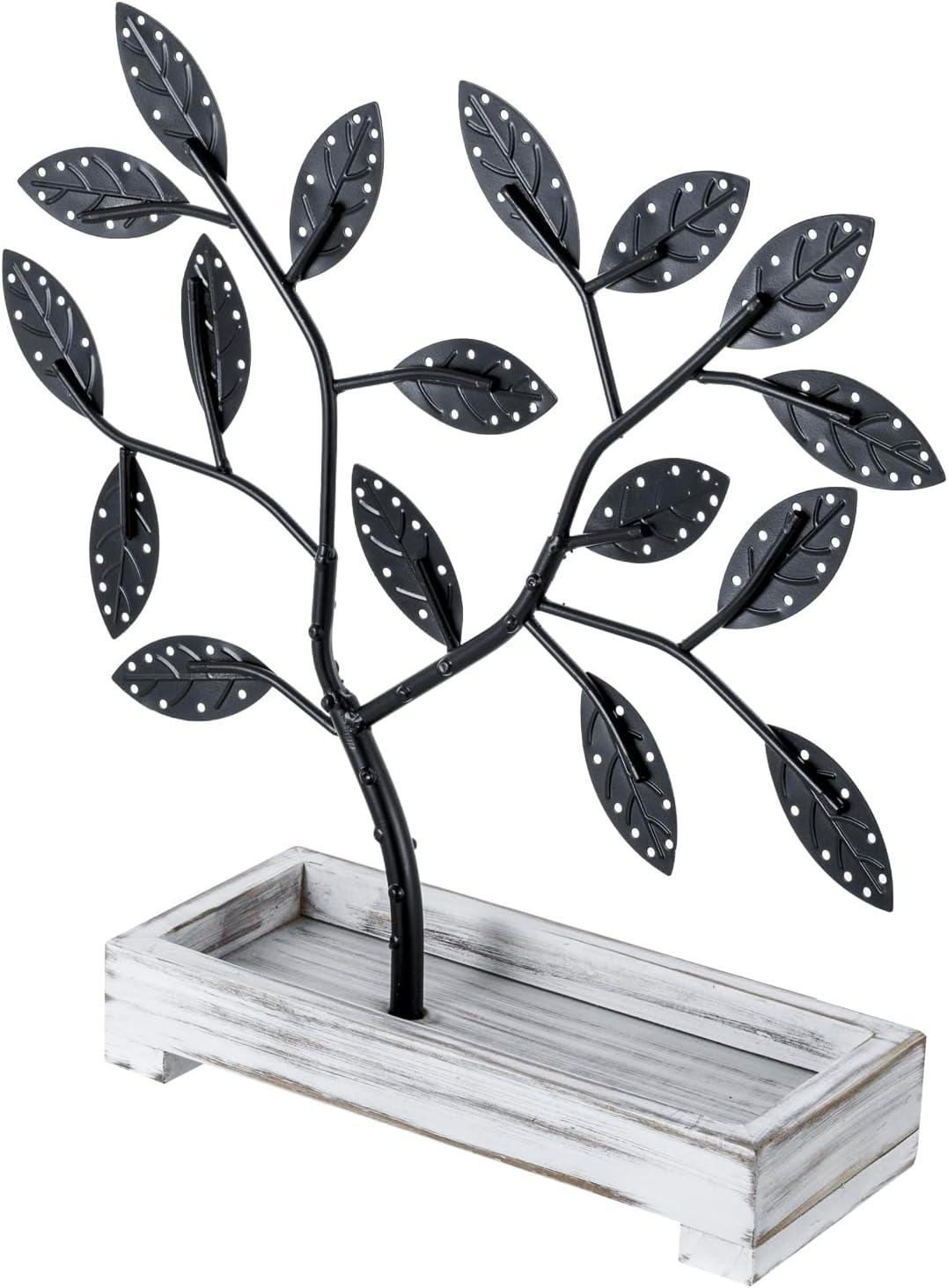 imageMyGift Earring Storage Rack Organizer Matte Black Metal Jewelry Tree Necklace and Bracelet Hanger with Wooden Ring Tray Trinket Holder Holds 68 Pairs of EarringsWhitewashed