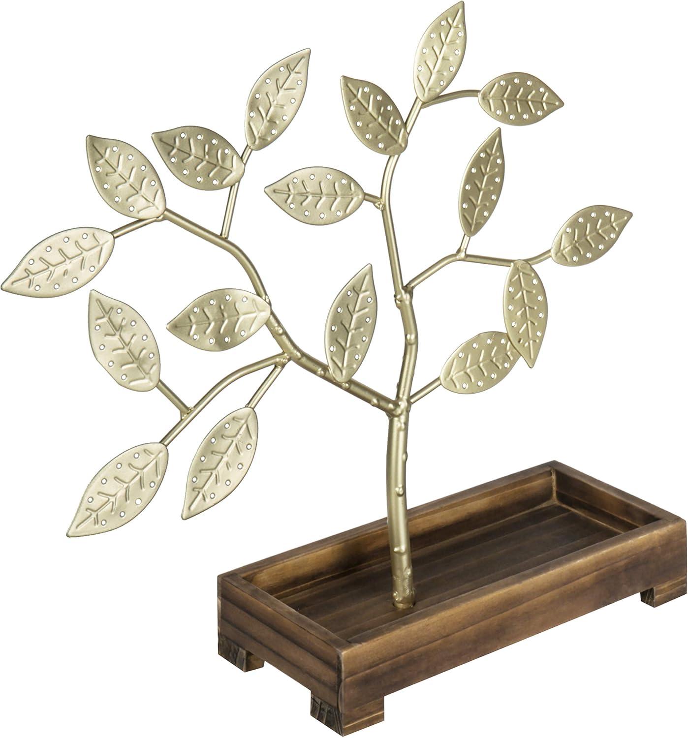 imageMyGift Earring Storage Rack Organizer Matte Black Metal Jewelry Tree Necklace and Bracelet Hanger with Wooden Ring Tray Trinket Holder Holds 68 Pairs of EarringsBrass