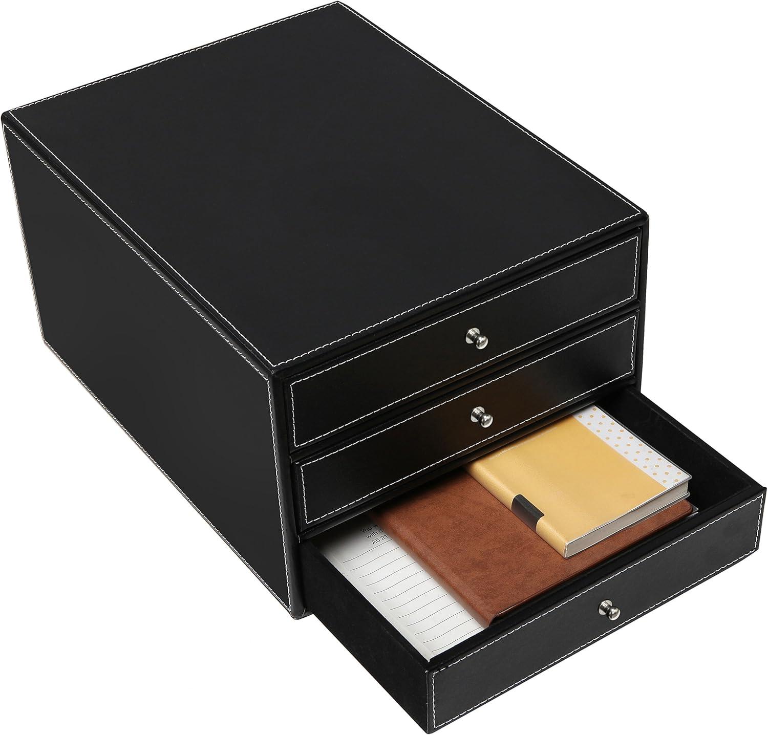 imageMyGift Executive 3Drawer Leatherette Document Holder Office Desk Filing Storage Box with Drawers Black