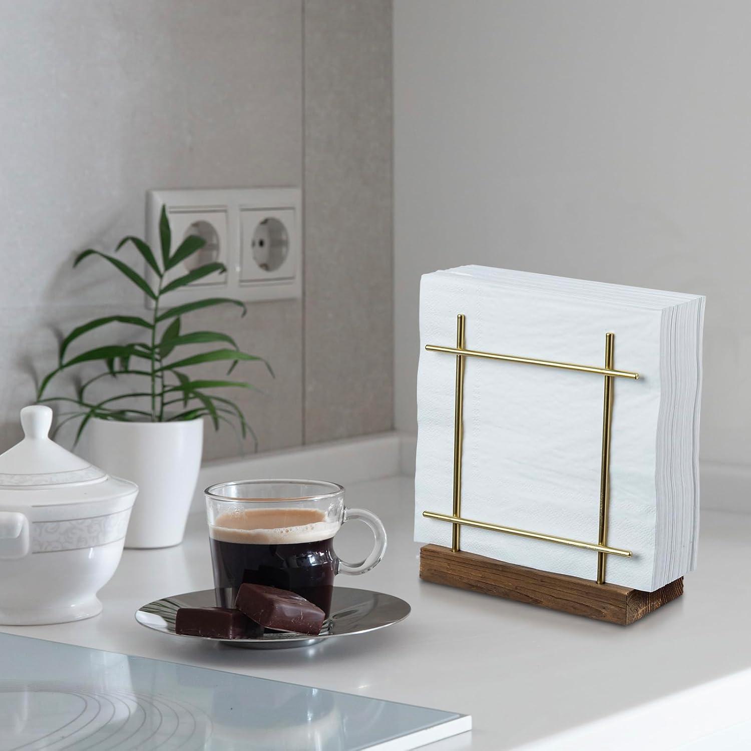 imageMyGift Farmhouse Rustic Torched Wood Napkin Holder for Table with CrossCorner DesignBrass Brown