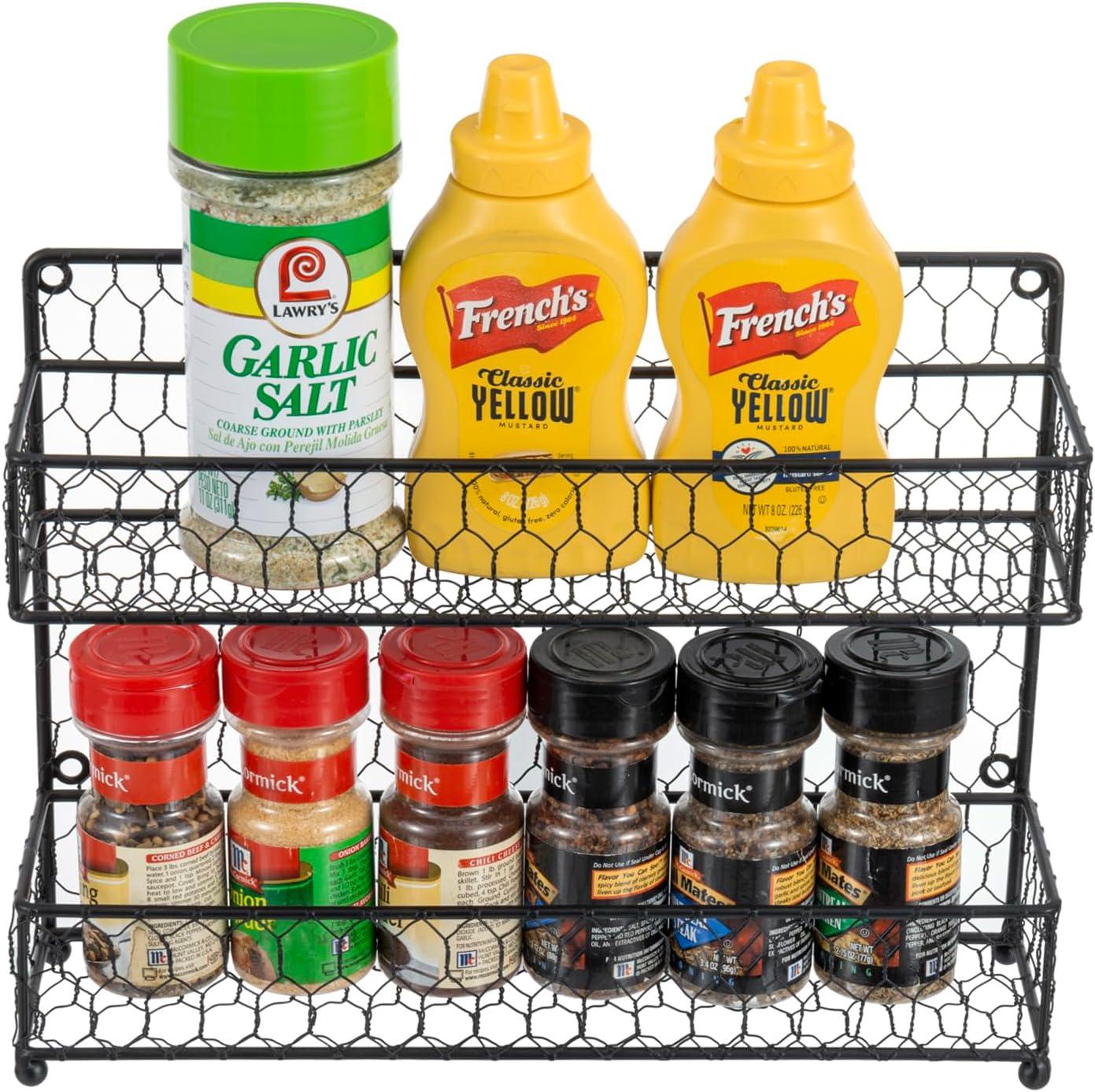 imageMyGift Farmhouse Style Metal Wire Spice Rack Wall Mount or Kitchen Countertop 2Tier Seasoning Jar Storage Organizer BlackBlack