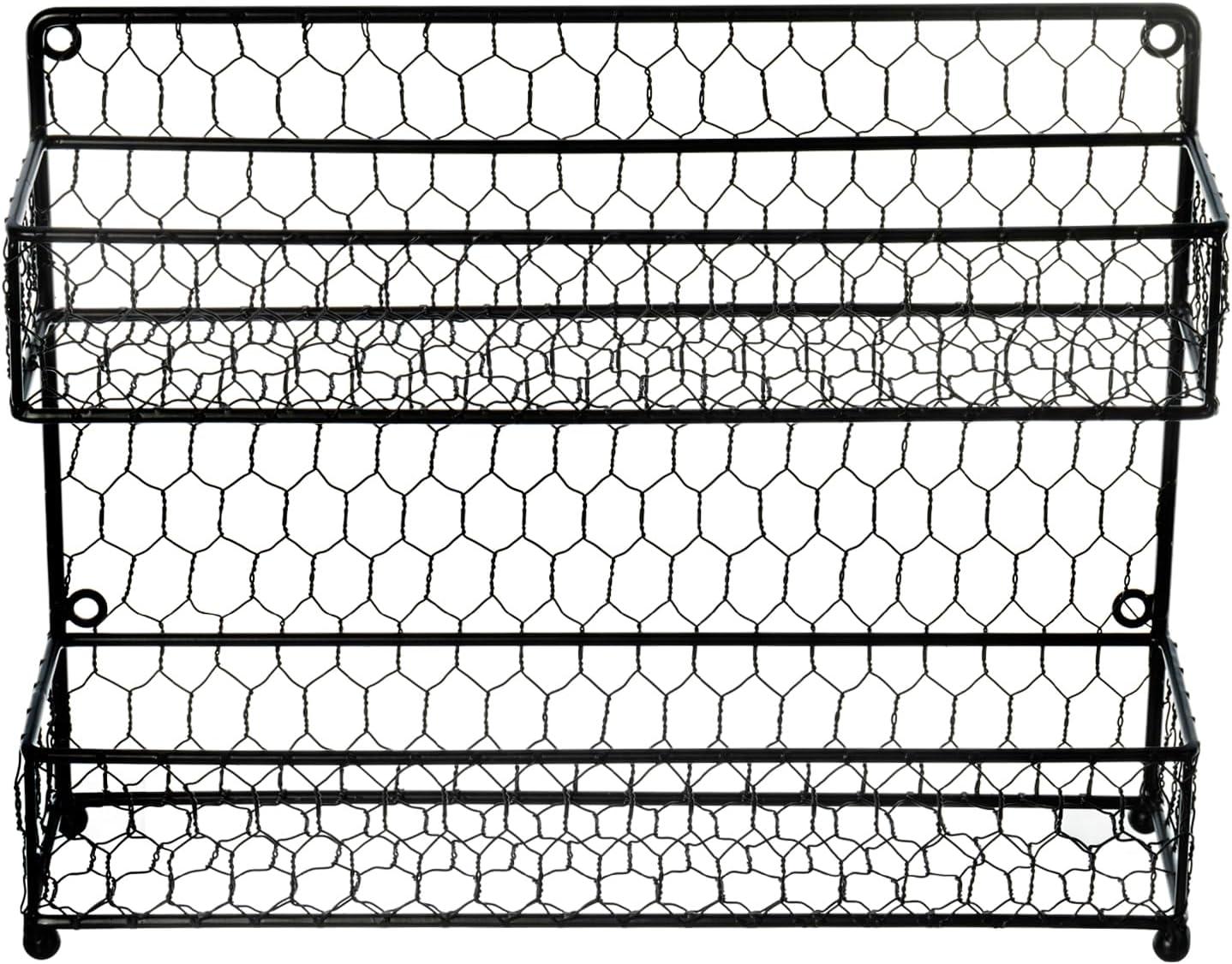 imageMyGift Farmhouse Style Metal Wire Spice Rack Wall Mount or Kitchen Countertop 2Tier Seasoning Jar Storage Organizer BlackBlack