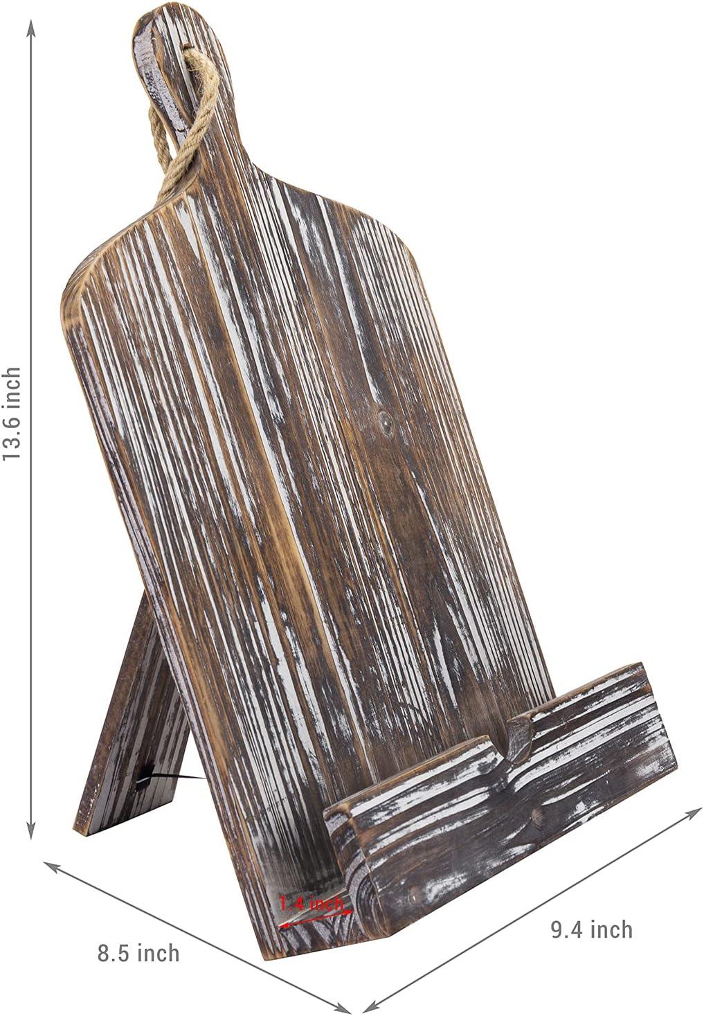 imageMyGift Farmhouse Torched Wood Cookbook Stand Rustic Wooden iPad Tablet Recipe Binder Reading Book Holder with KickstandBrown