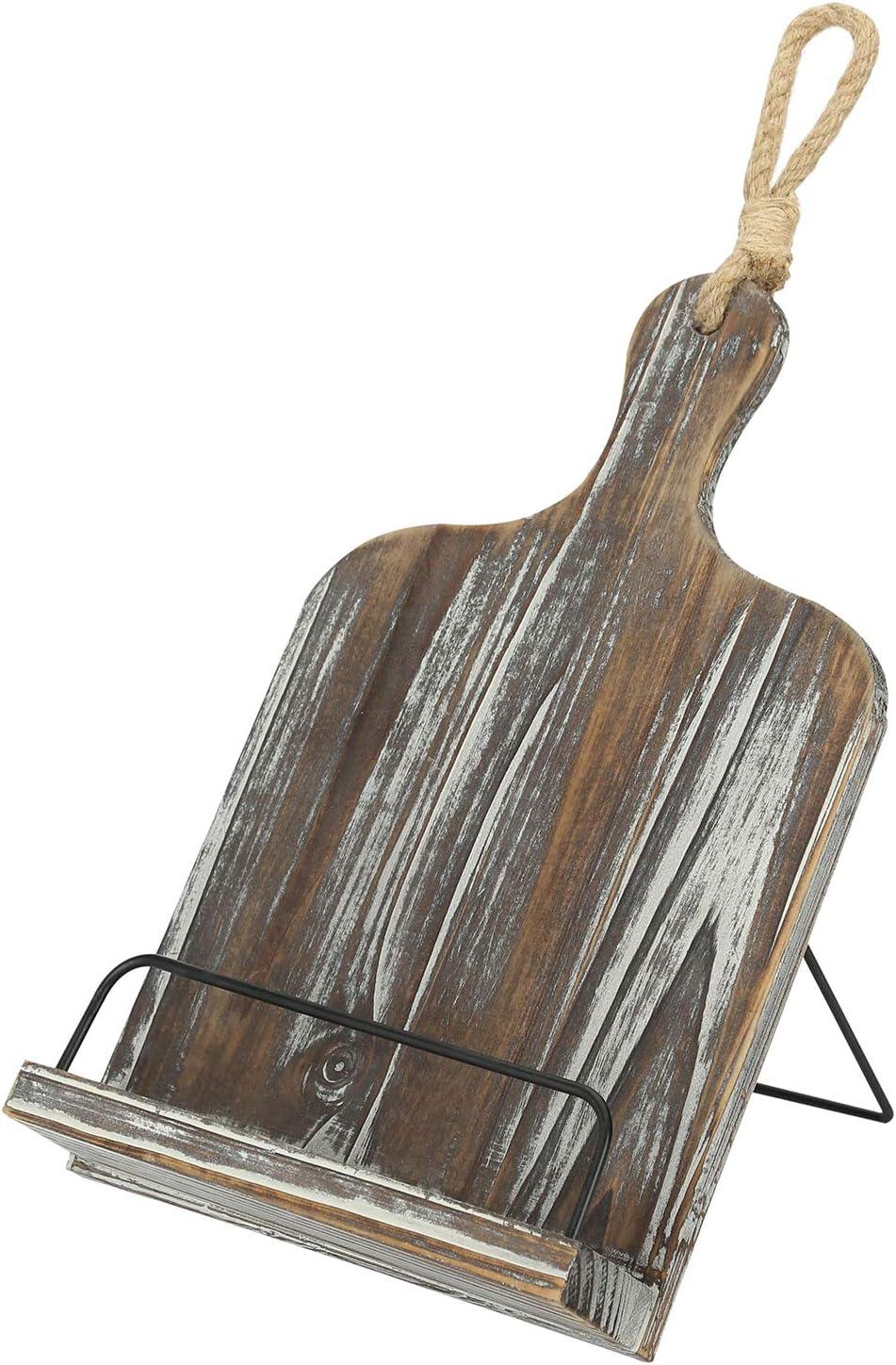 imageMyGift Farmhouse Torched Wood Cookbook Stand Rustic Wooden iPad Tablet Recipe Binder Reading Book Holder with KickstandTorched Brown