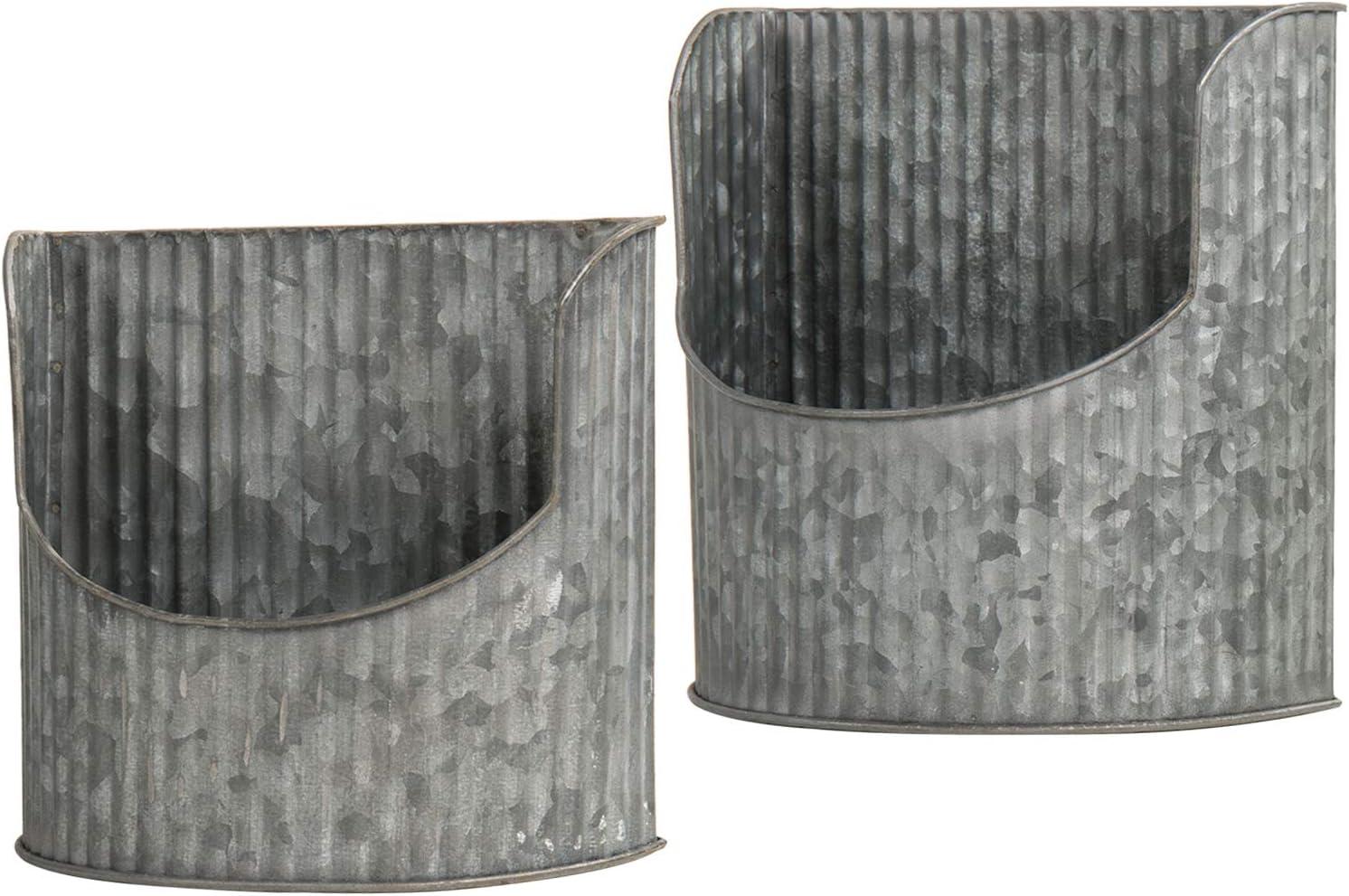 imageMyGift Galvanized Wall Planter Rustic Silver Metal Vertical Ribbed Design Wall Mount Flower Pot Set of 2