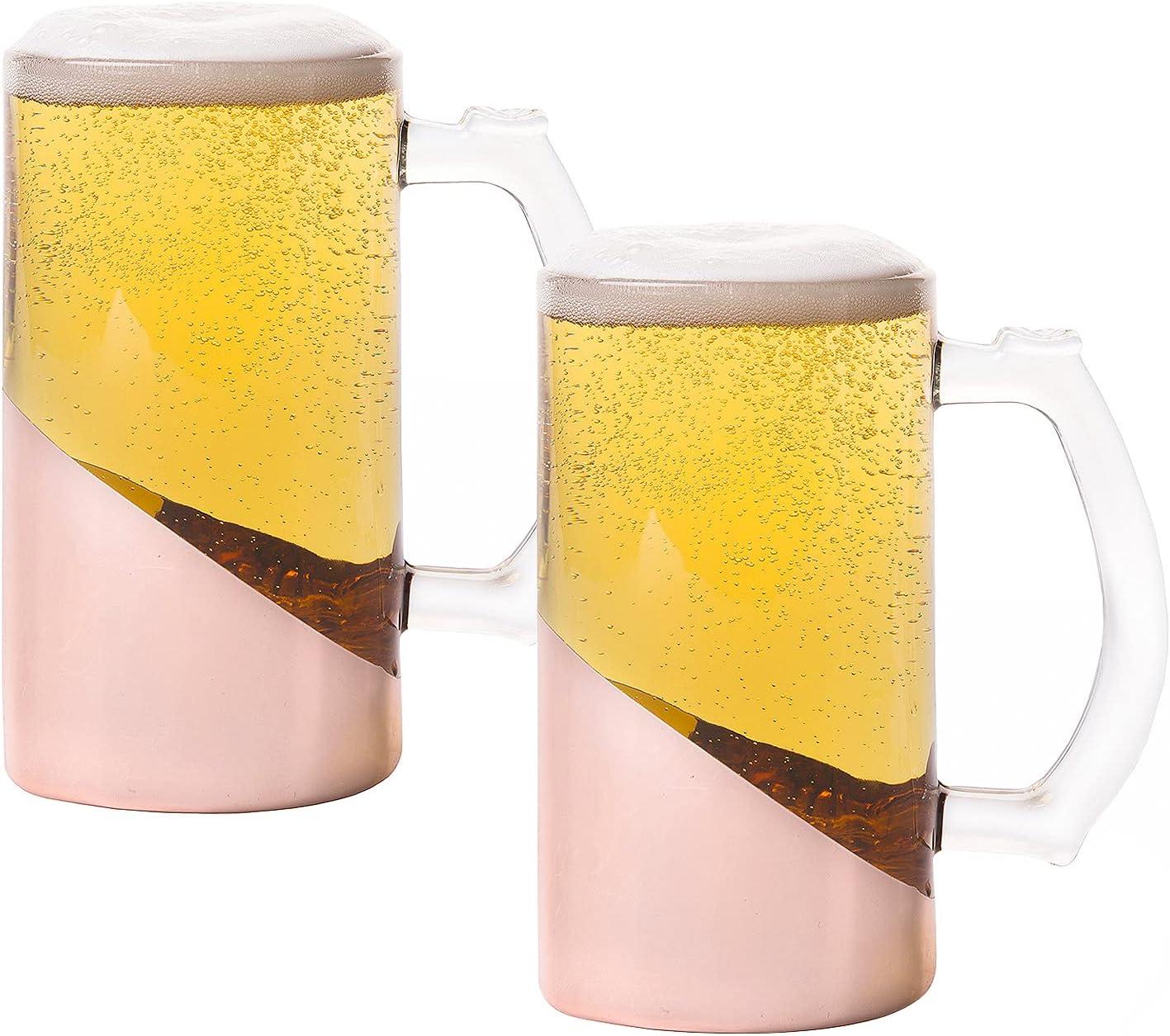 imageMyGift Glass 16 oz Beer Pint Stein Mug Glasses Modern Luxury Angled Copper Design with Handle Set of 2