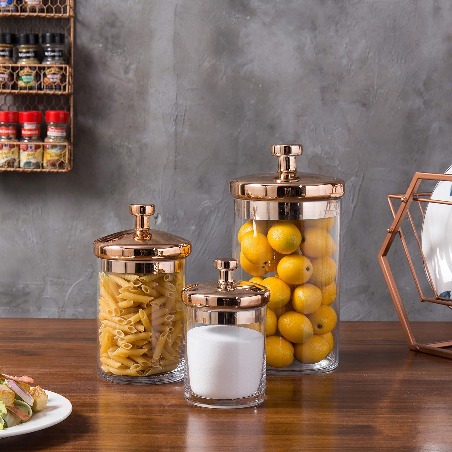 imageMyGift Glass Apothecary Jar Set with Clear Lid Decorative Kitchen and Bath Storage Canisters Wedding Centerpiece Jars Candy Buffet with LidsClear Copper