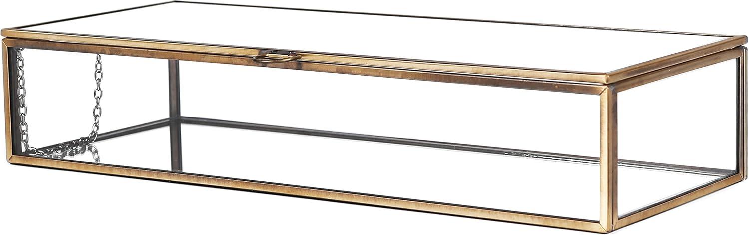 imageMyGift Glass Jewelry Box Vintage Style Brass Metal ampamp Clear Glass Mirrored Shadow Box Jewelry Display Case with Hinged Top LidBrass