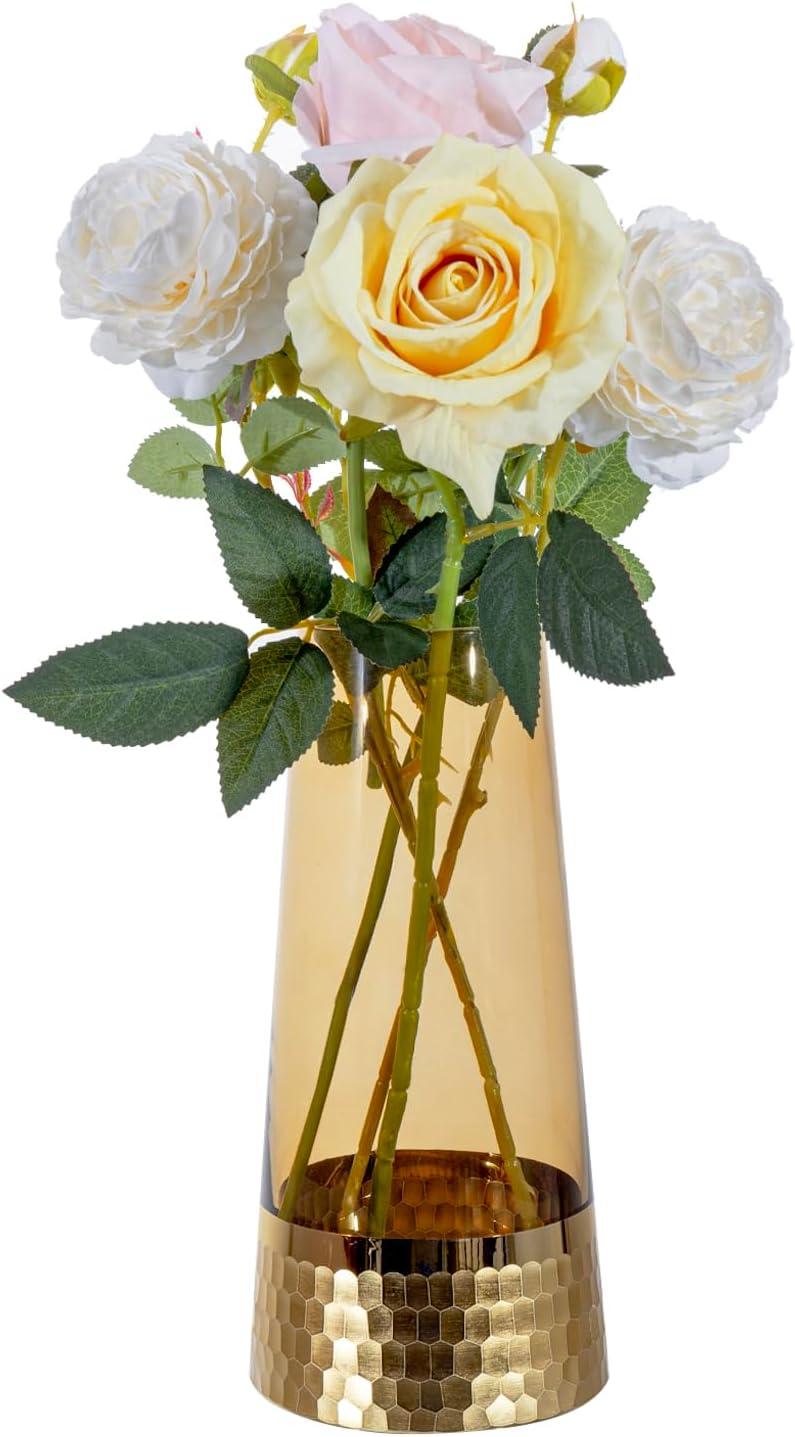 imageMyGift Glass and Gold Bottom Flower Vases 10 inch Clear Glass Vases for Table Centerpieces Home DecorAmber Gold