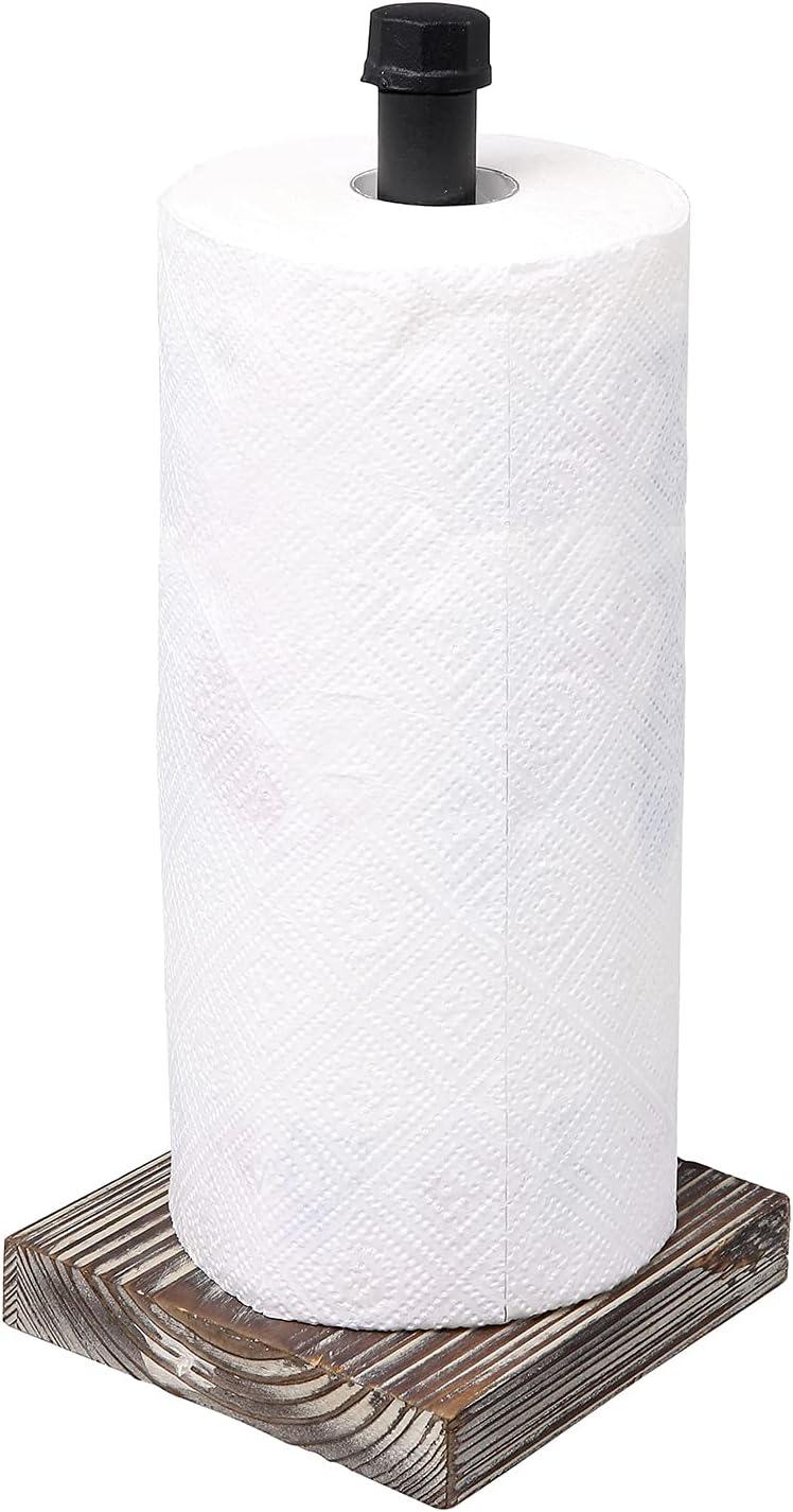 imageMyGift Industrial Brass Metal Pipe Paper Towel Holder Stand Kitchen Countertop Paper Towel Dispenser with Torched Solid Wood Base