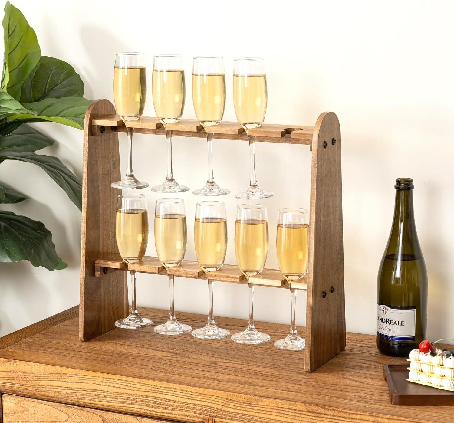 imageMyGift Industrial Metal Wine Glass Rack Holder Stand with 2 Hanger Bars and Rustic Wooden Base Countertop Hanging Stemware Holder ClearAcacia Wood