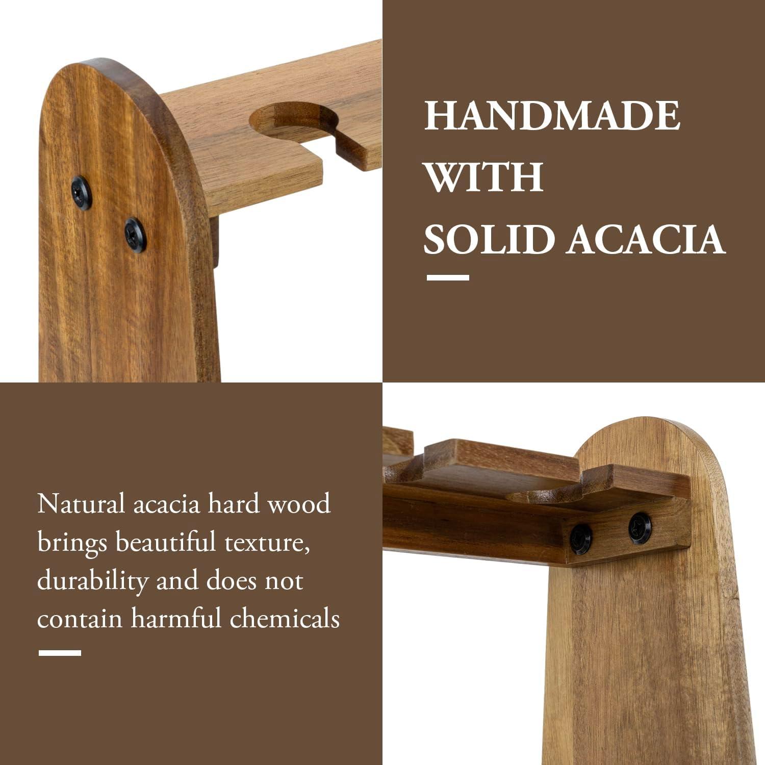 imageMyGift Industrial Metal Wine Glass Rack Holder Stand with 2 Hanger Bars and Rustic Wooden Base Countertop Hanging Stemware Holder ClearAcacia Wood