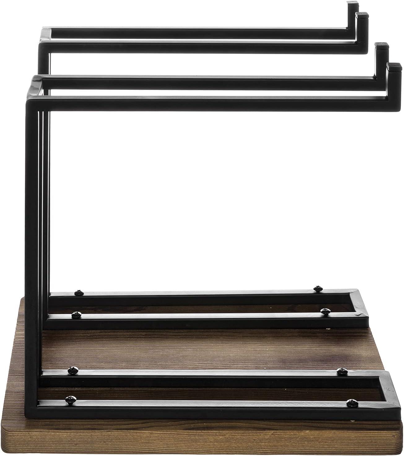 imageMyGift Industrial Metal Wine Glass Rack Holder Stand with 2 Hanger Bars and Rustic Wooden Base Countertop Hanging Stemware Holder ClearDark Brown