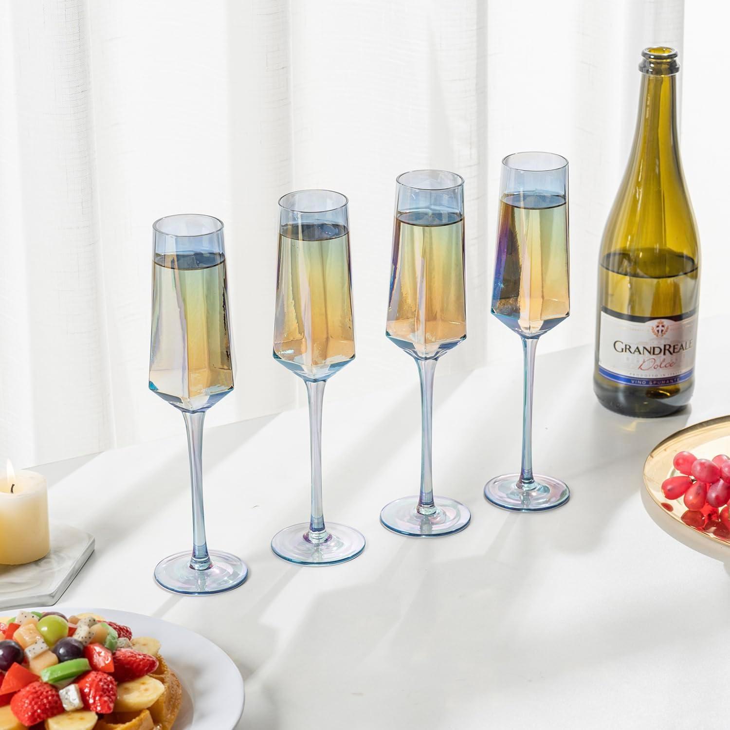 imageMyGift Iridescent Angled Rim Champagne Flute Set of 4 Sparkling Wine Stemless Glasses Rainbow Transparent Prosecco Wine Glass Cocktail Mimosa Glass Set Holiday New Year Toasting blackIridescent