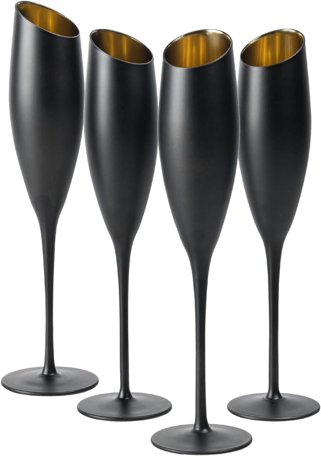 imageMyGift Iridescent Angled Rim Champagne Flute Set of 4 Sparkling Wine Stemless Glasses Rainbow Transparent Prosecco Wine Glass Cocktail Mimosa Glass Set Holiday New Year Toasting blackblackgolden