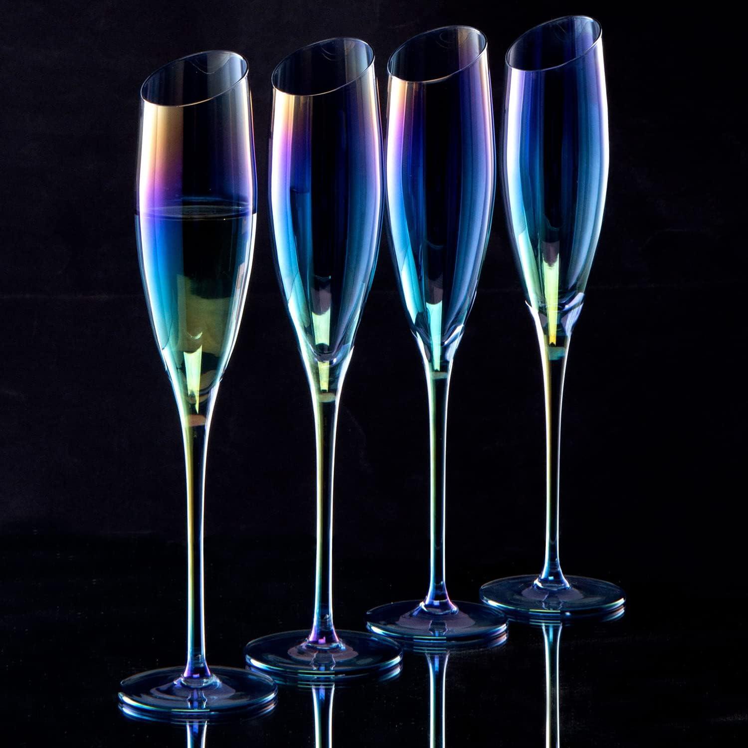imageMyGift Iridescent Angled Rim Champagne Flute Set of 4 Sparkling Wine Stemless Glasses Rainbow Transparent Prosecco Wine Glass Cocktail Mimosa Glass Set Holiday New Year Toasting blackBlue