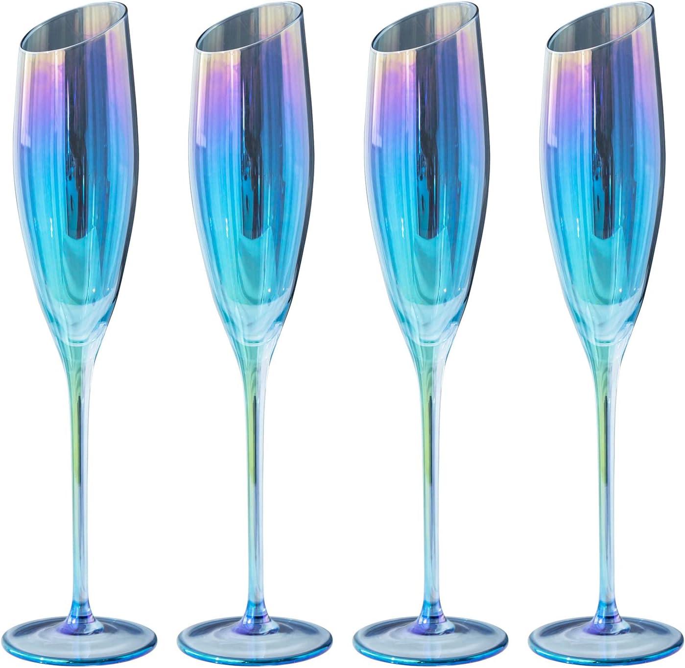 imageMyGift Iridescent Angled Rim Champagne Flute Set of 4 Sparkling Wine Stemless Glasses Rainbow Transparent Prosecco Wine Glass Cocktail Mimosa Glass Set Holiday New Year Toasting blackBlue