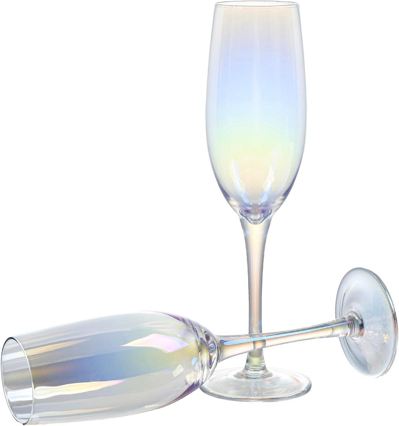imageMyGift Iridescent Angled Rim Champagne Flute Set of 4 Sparkling Wine Stemless Glasses Rainbow Transparent Prosecco Wine Glass Cocktail Mimosa Glass Set Holiday New Year Toasting blackSky Blue