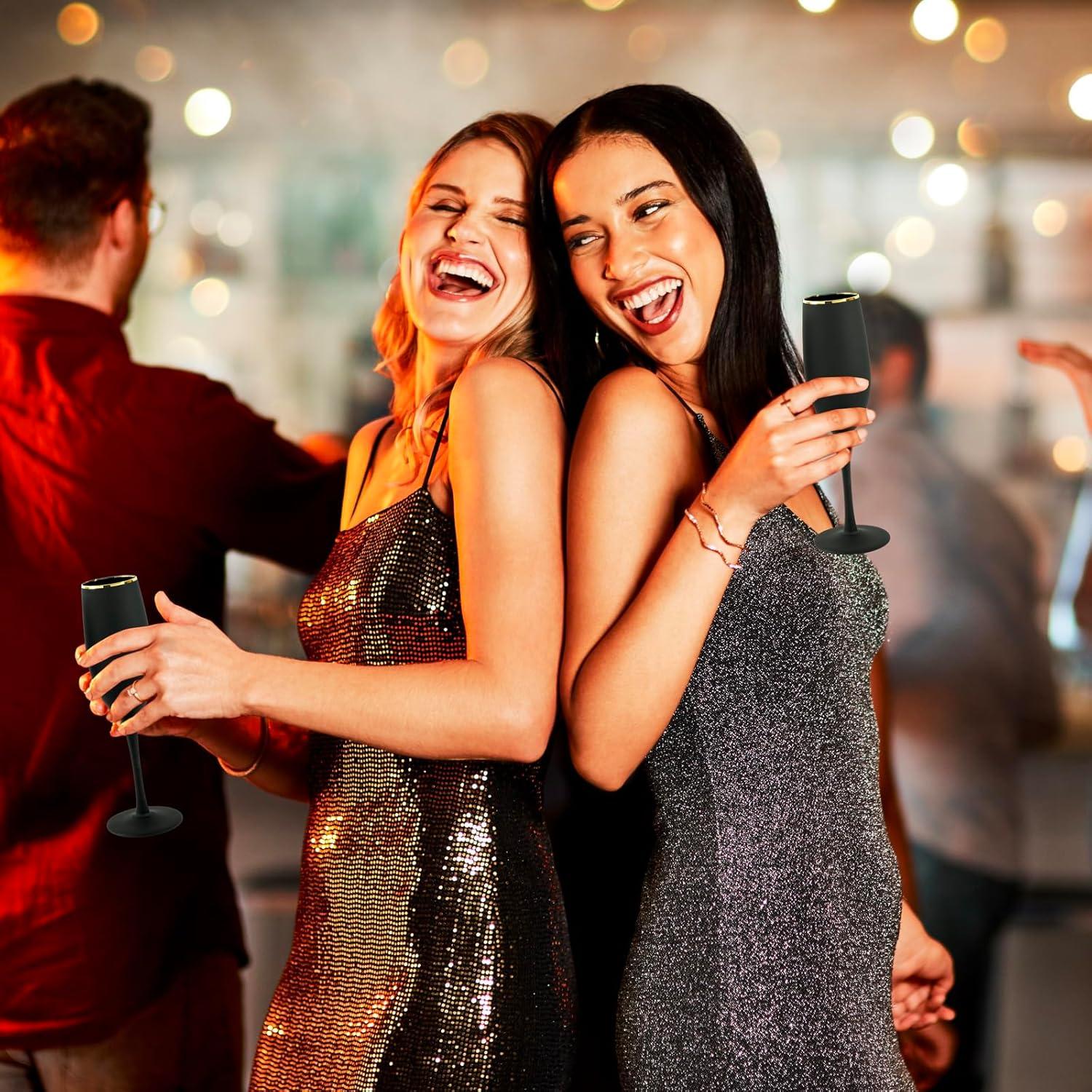 imageMyGift Iridescent Angled Rim Champagne Flute Set of 4 Sparkling Wine Stemless Glasses Rainbow Transparent Prosecco Wine Glass Cocktail Mimosa Glass Set Holiday New Year Toasting blackBlack